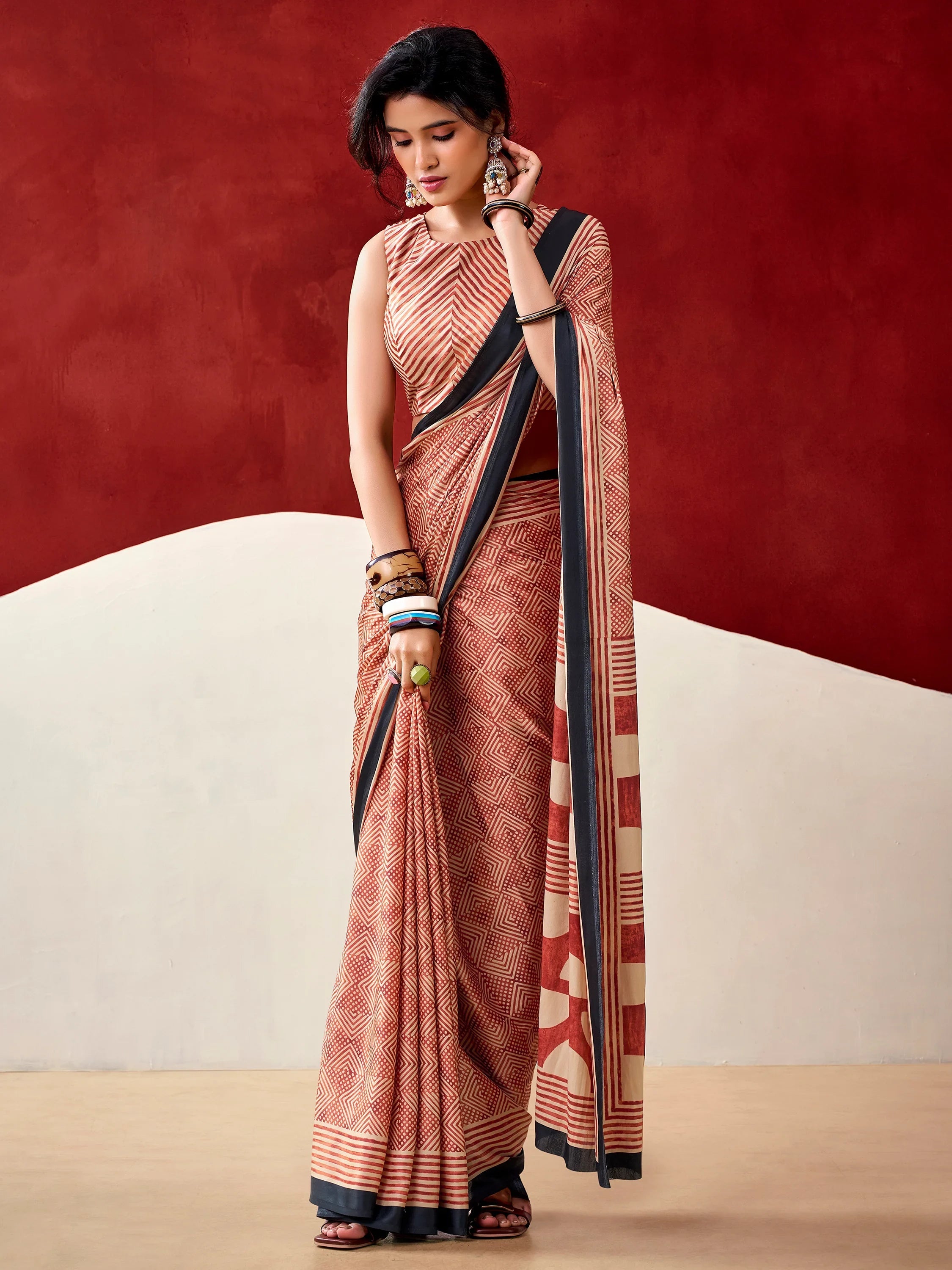 Rust Gorgeous Digital Printed Satin Office Wear Saree With Blouse
