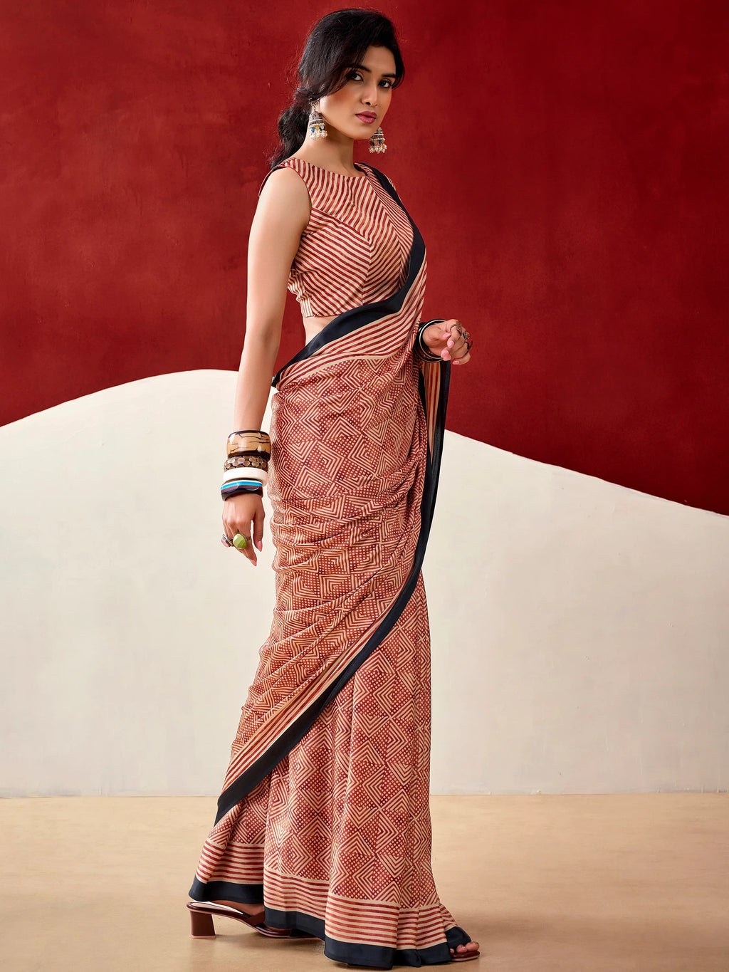 Rust Gorgeous Digital Printed Satin Office Wear Saree With Blouse