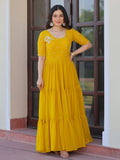 Yellow Sweet Embroidered Georgette Traditional Gown