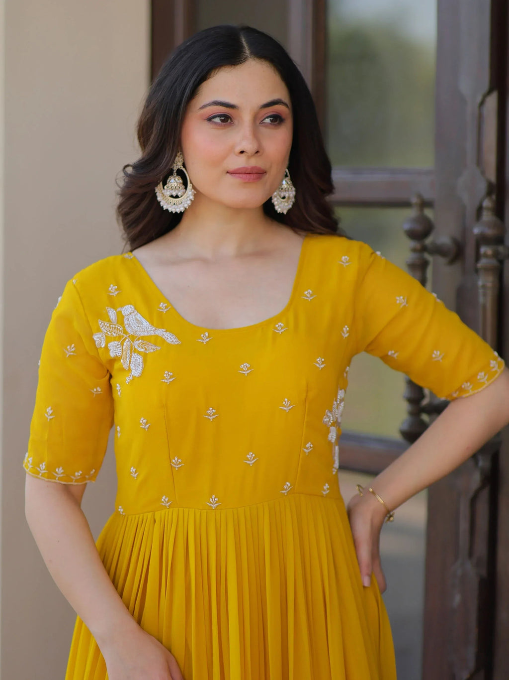 Yellow Sweet Embroidered Georgette Traditional Gown