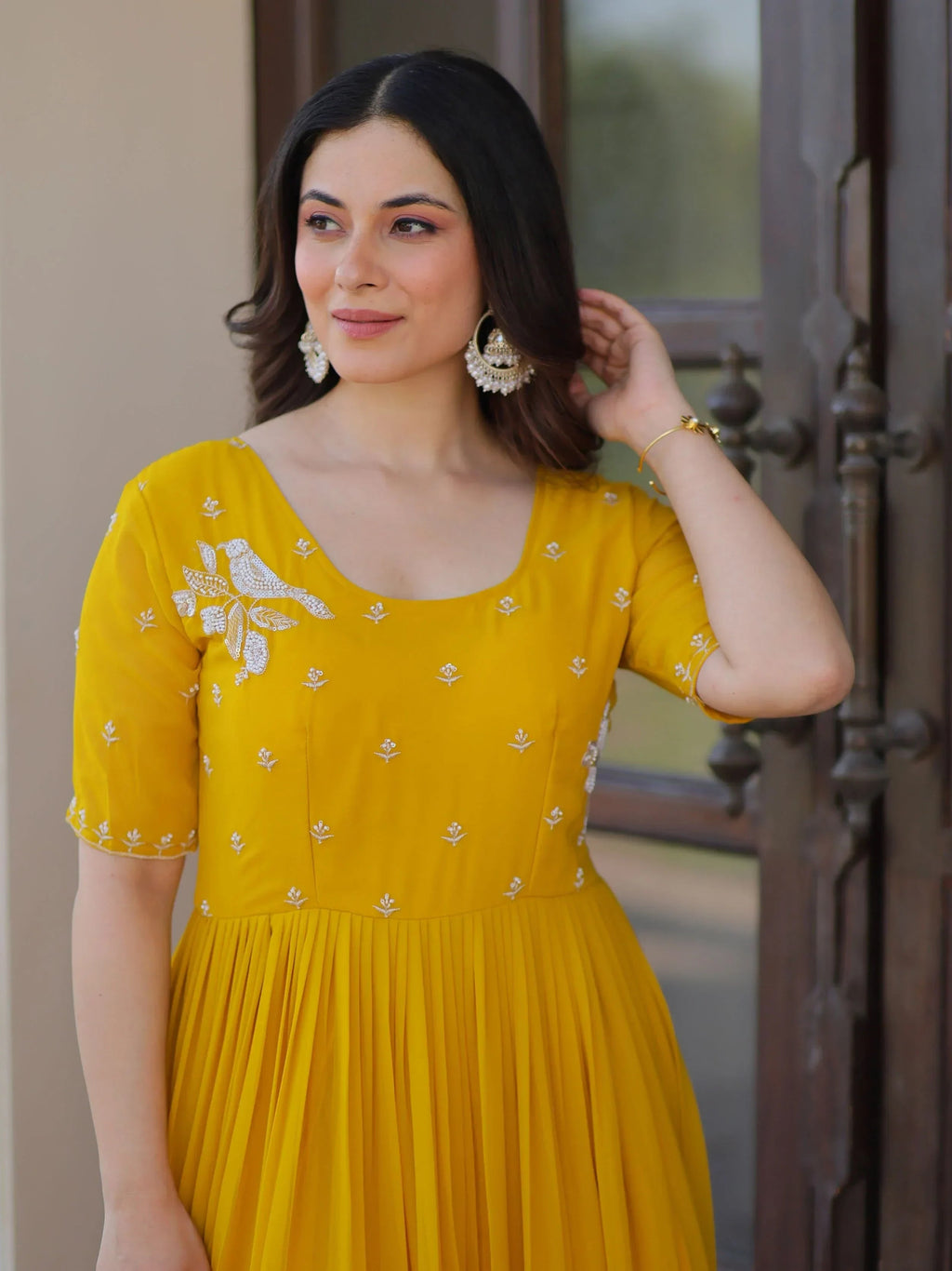 Yellow Sweet Embroidered Georgette Traditional Gown