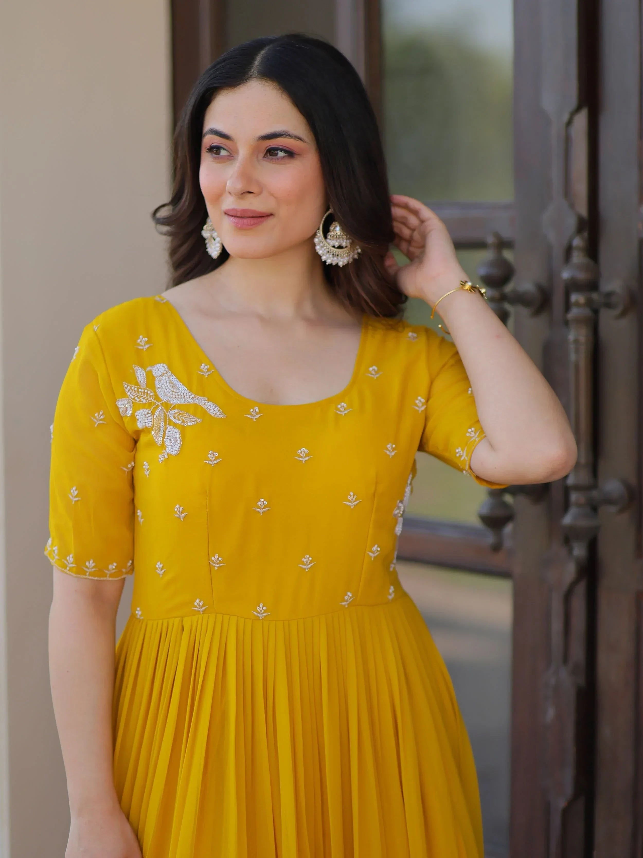 Yellow Sweet Embroidered Georgette Traditional Gown