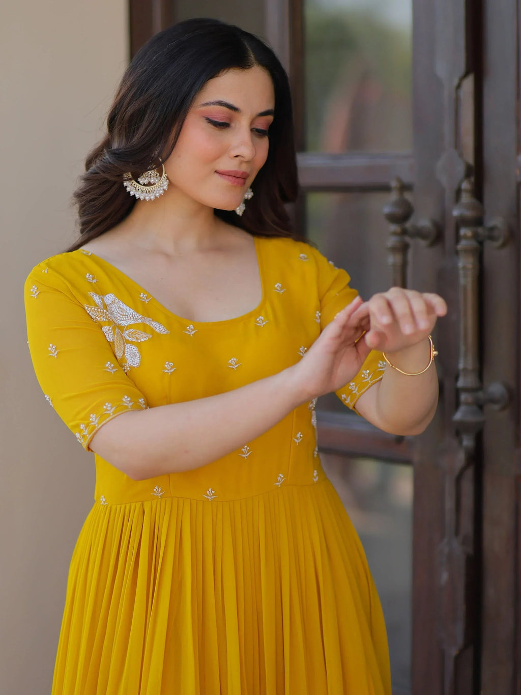 Yellow Sweet Embroidered Georgette Traditional Gown
