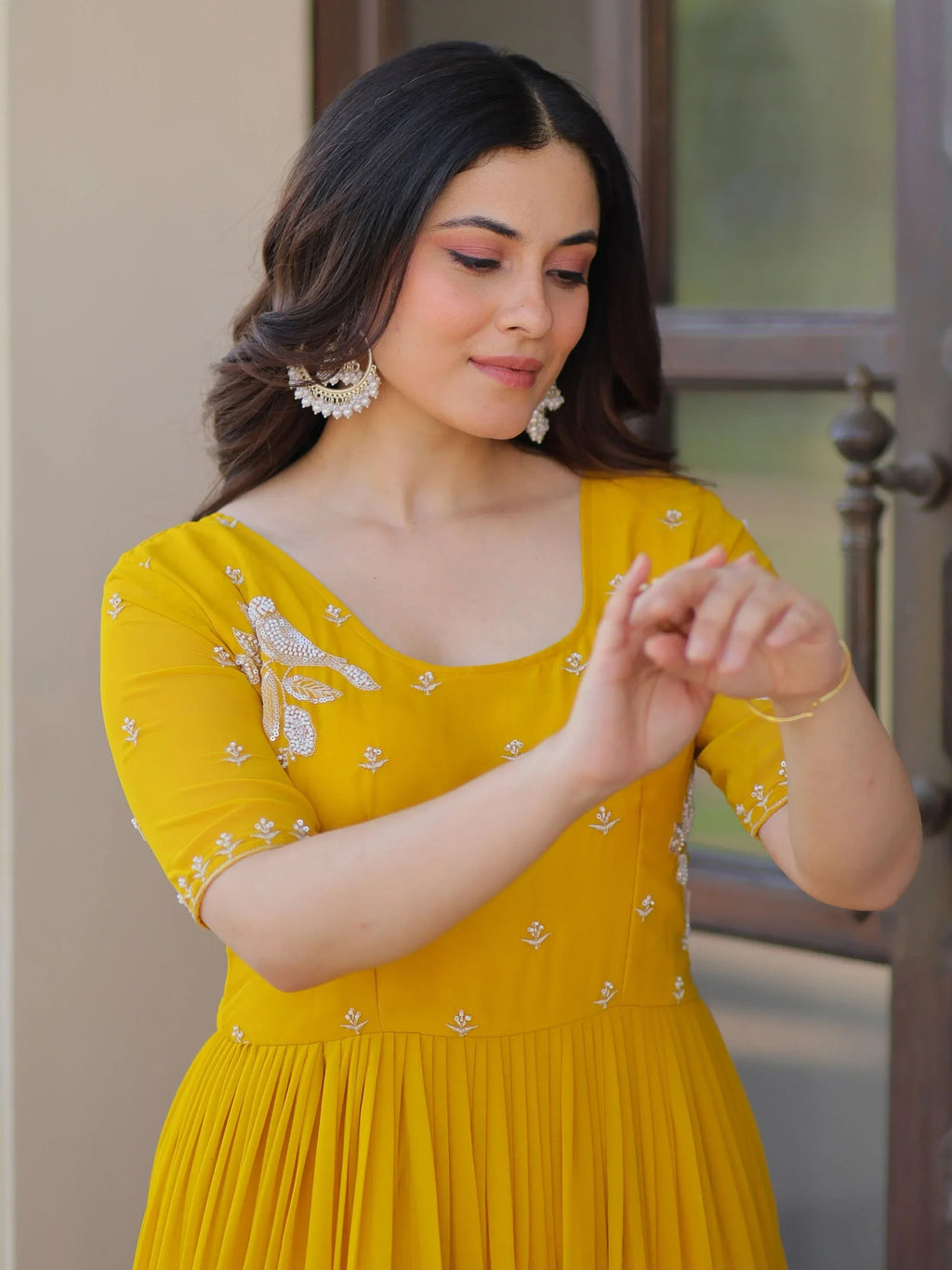Yellow Sweet Embroidered Georgette Traditional Gown