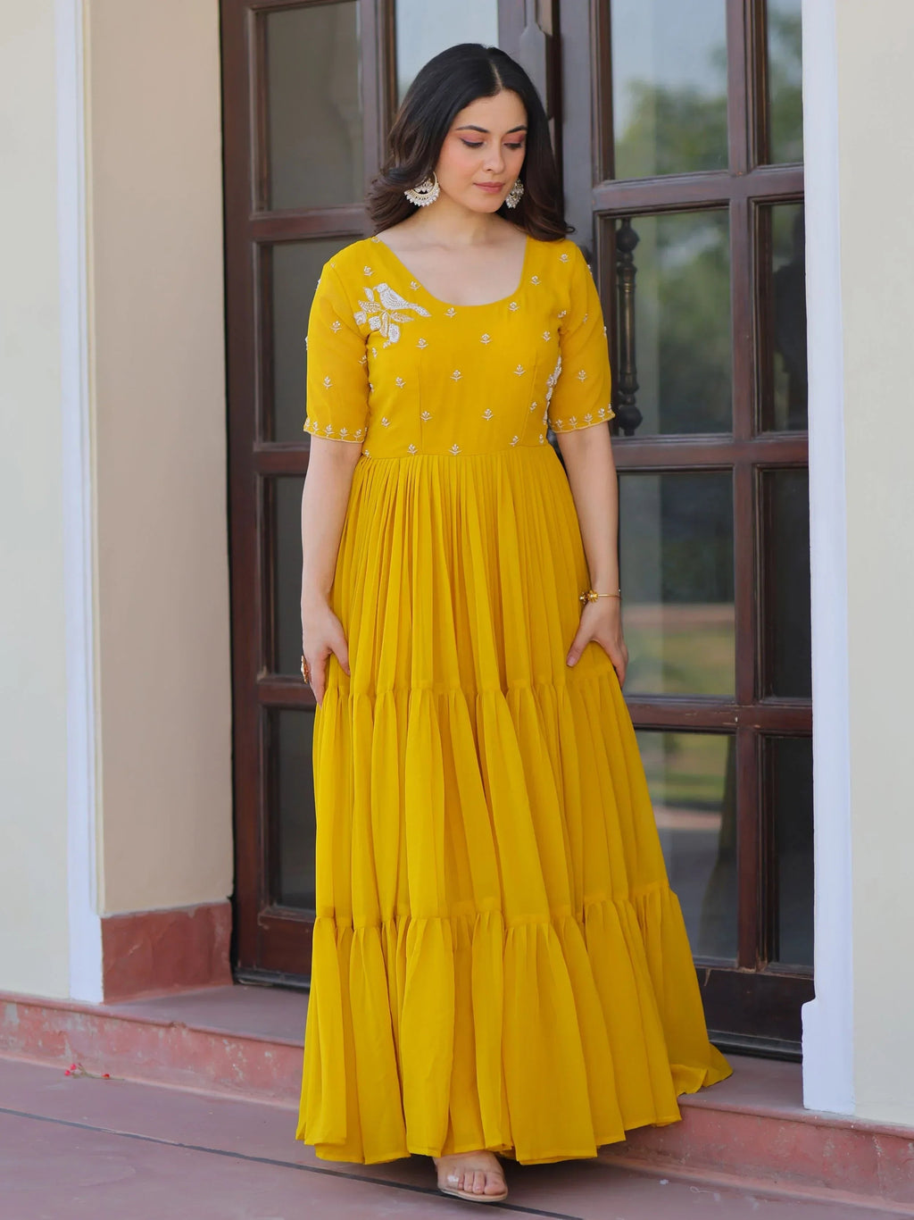 Yellow Sweet Embroidered Georgette Traditional Gown