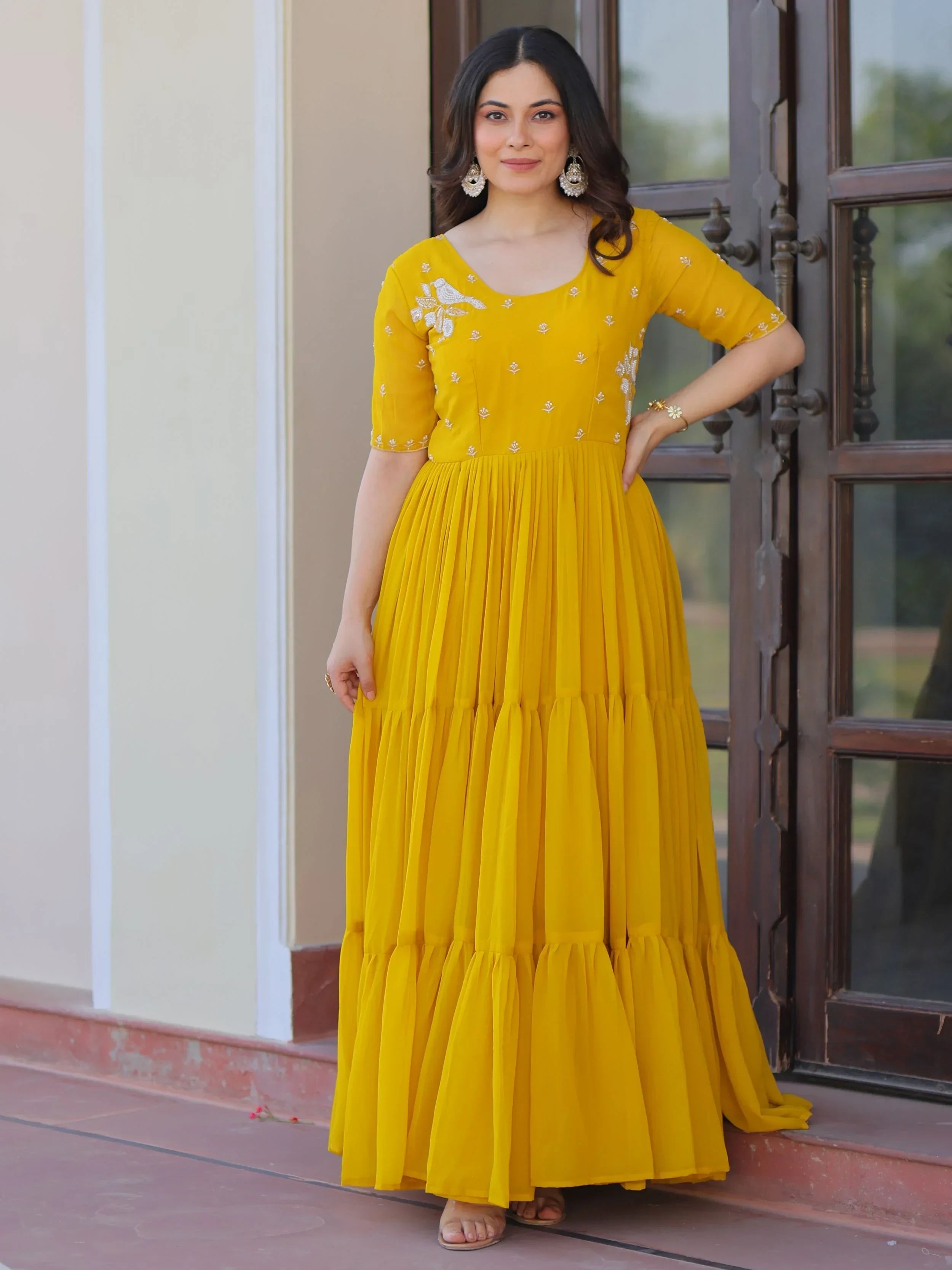 Yellow Sweet Embroidered Georgette Traditional Gown