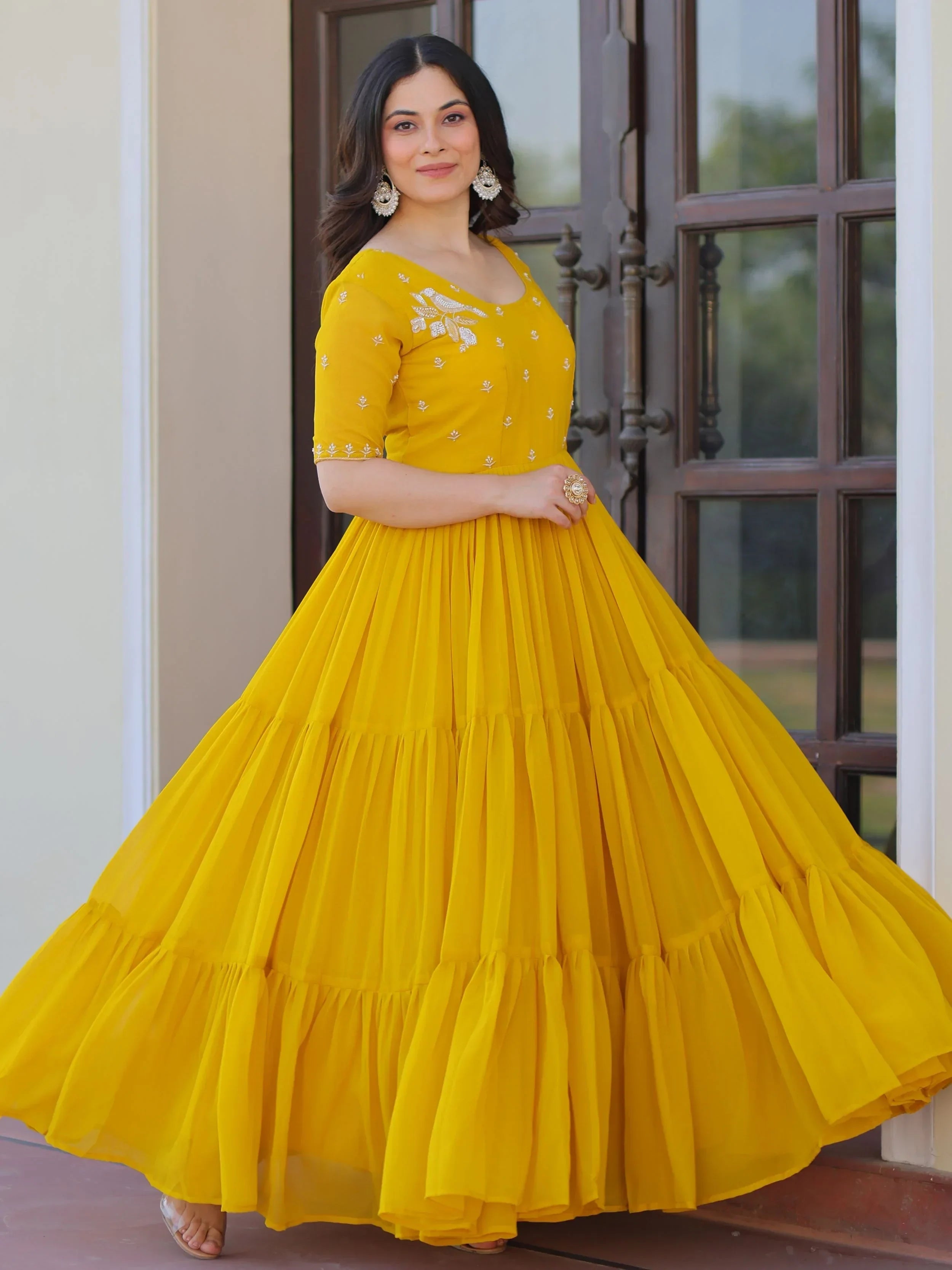 Yellow Sweet Embroidered Georgette Traditional Gown
