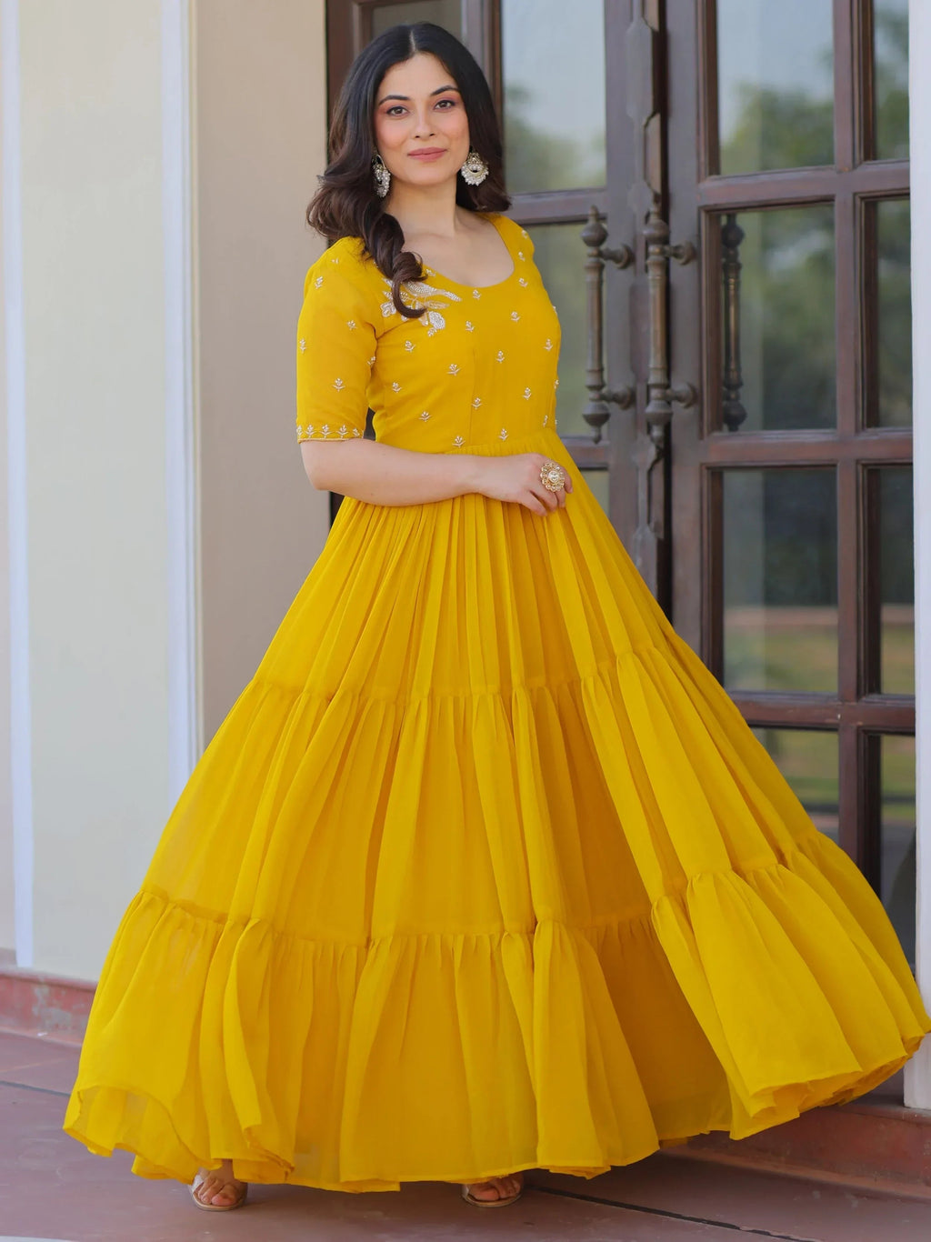 Yellow Sweet Embroidered Georgette Traditional Gown