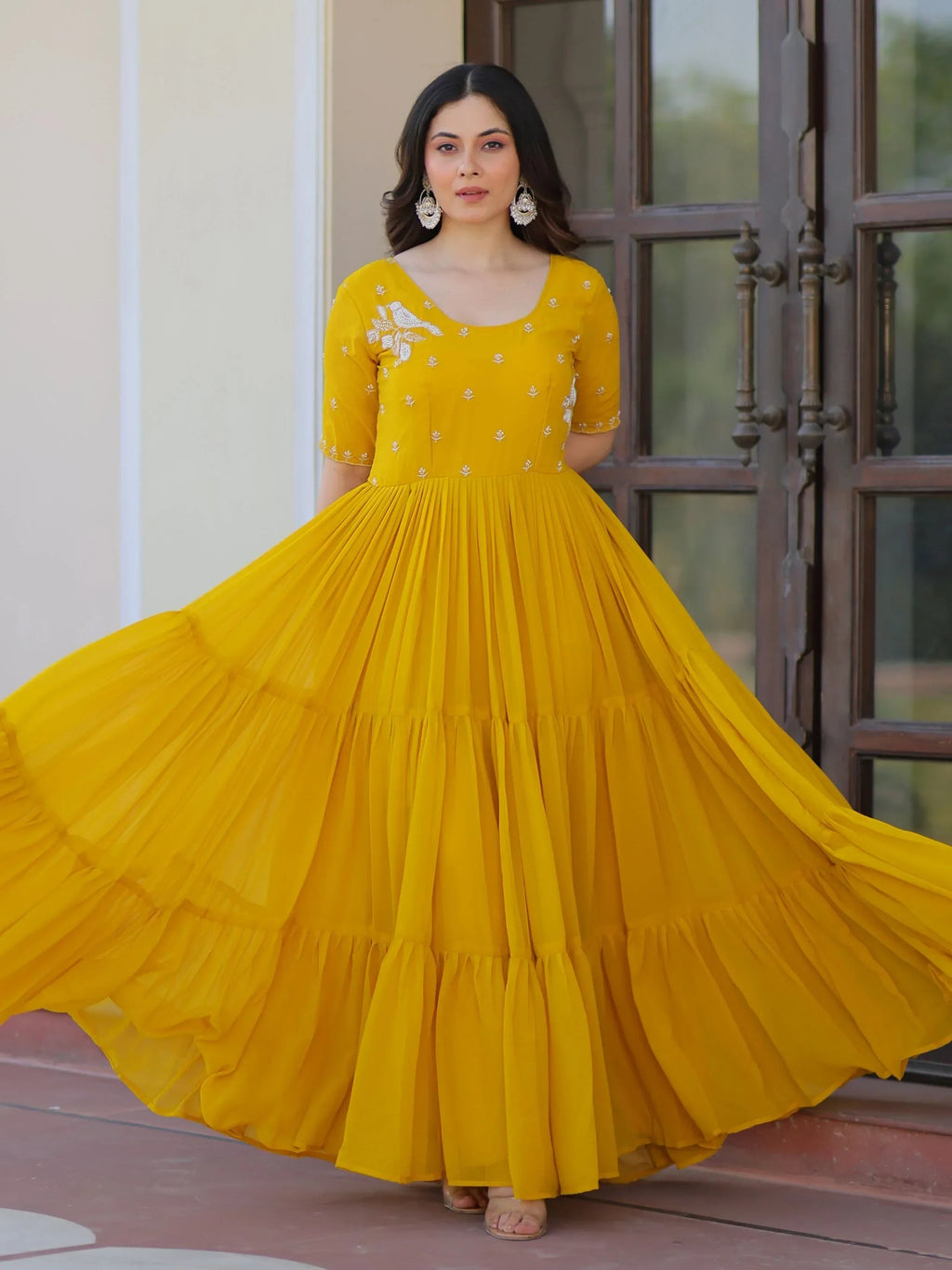 Yellow Sweet Embroidered Georgette Traditional Gown