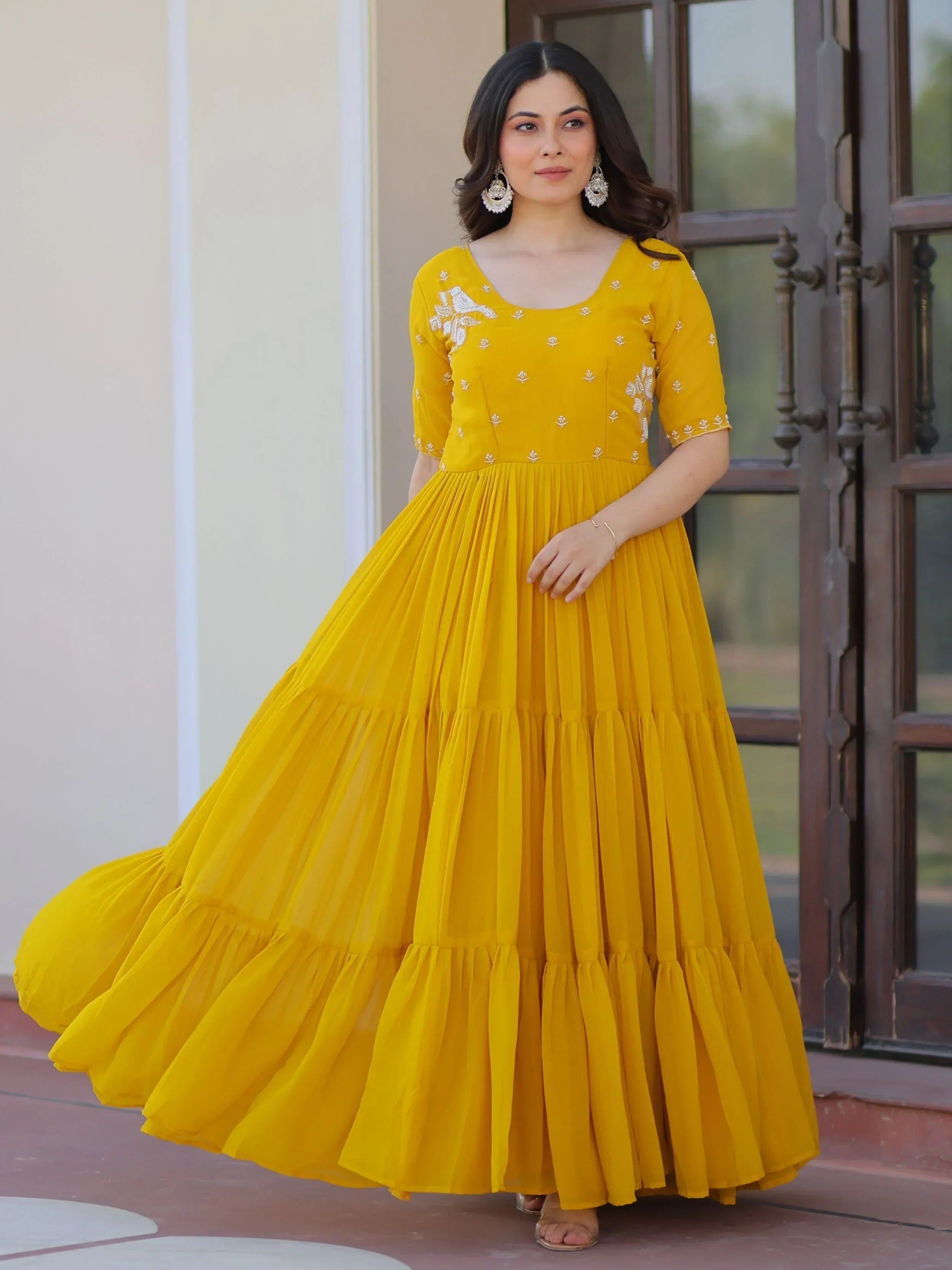 Yellow Sweet Embroidered Georgette Traditional Gown