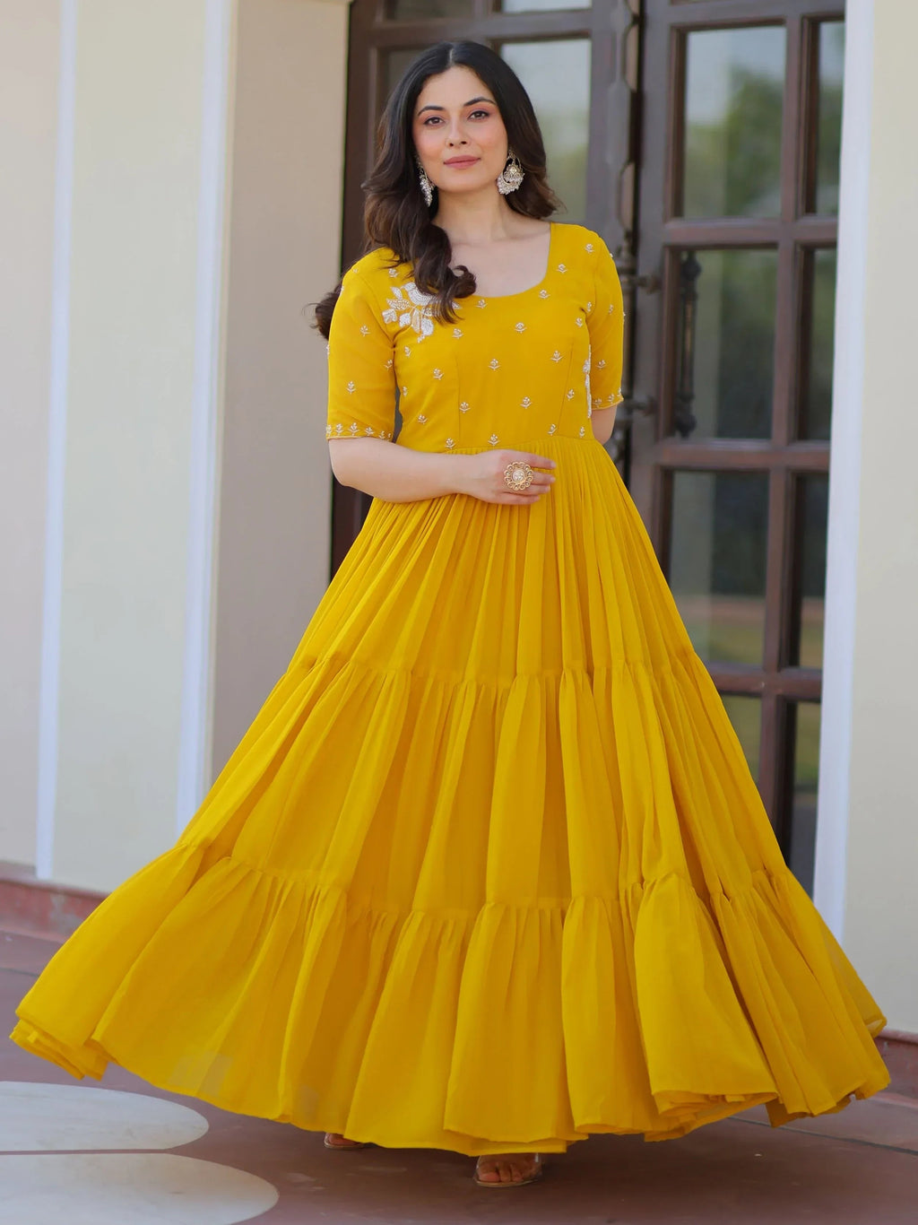 Yellow Sweet Embroidered Georgette Traditional Gown