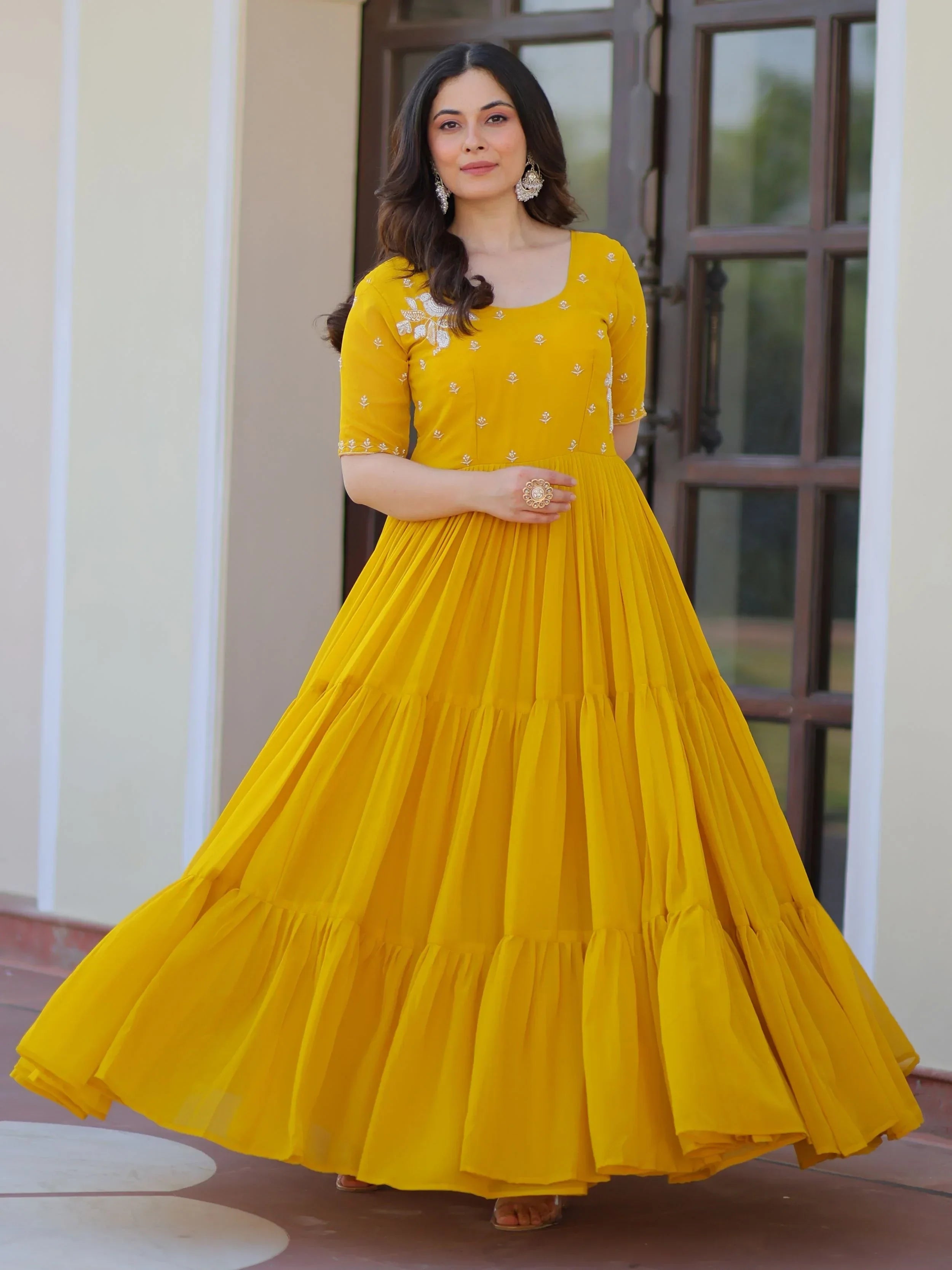 Yellow Sweet Embroidered Georgette Traditional Gown