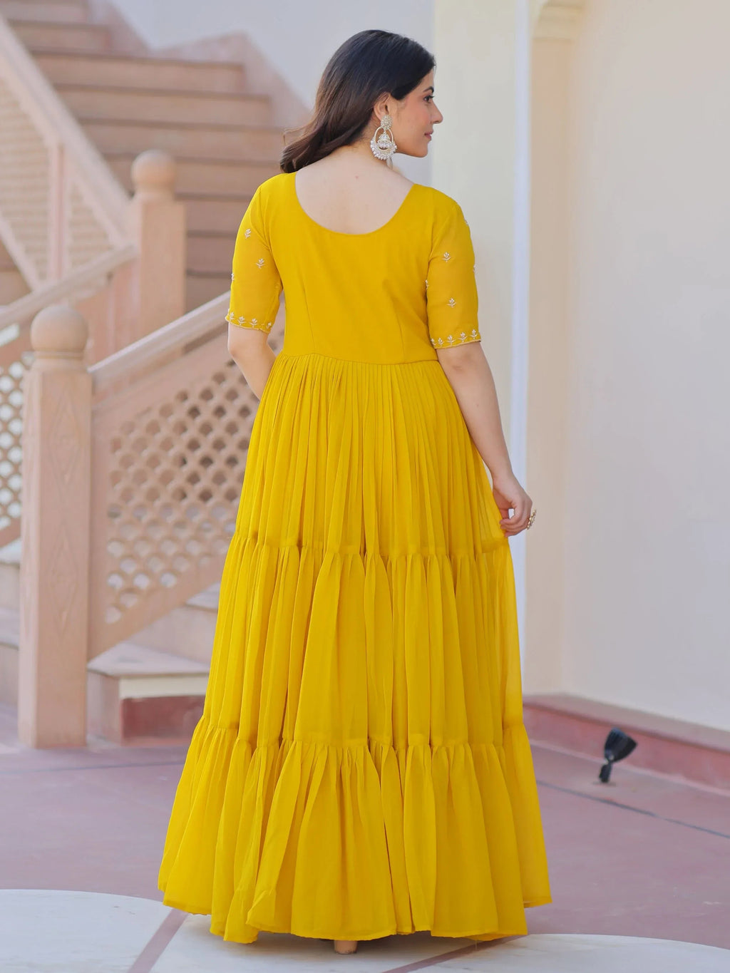 Yellow Sweet Embroidered Georgette Traditional Gown