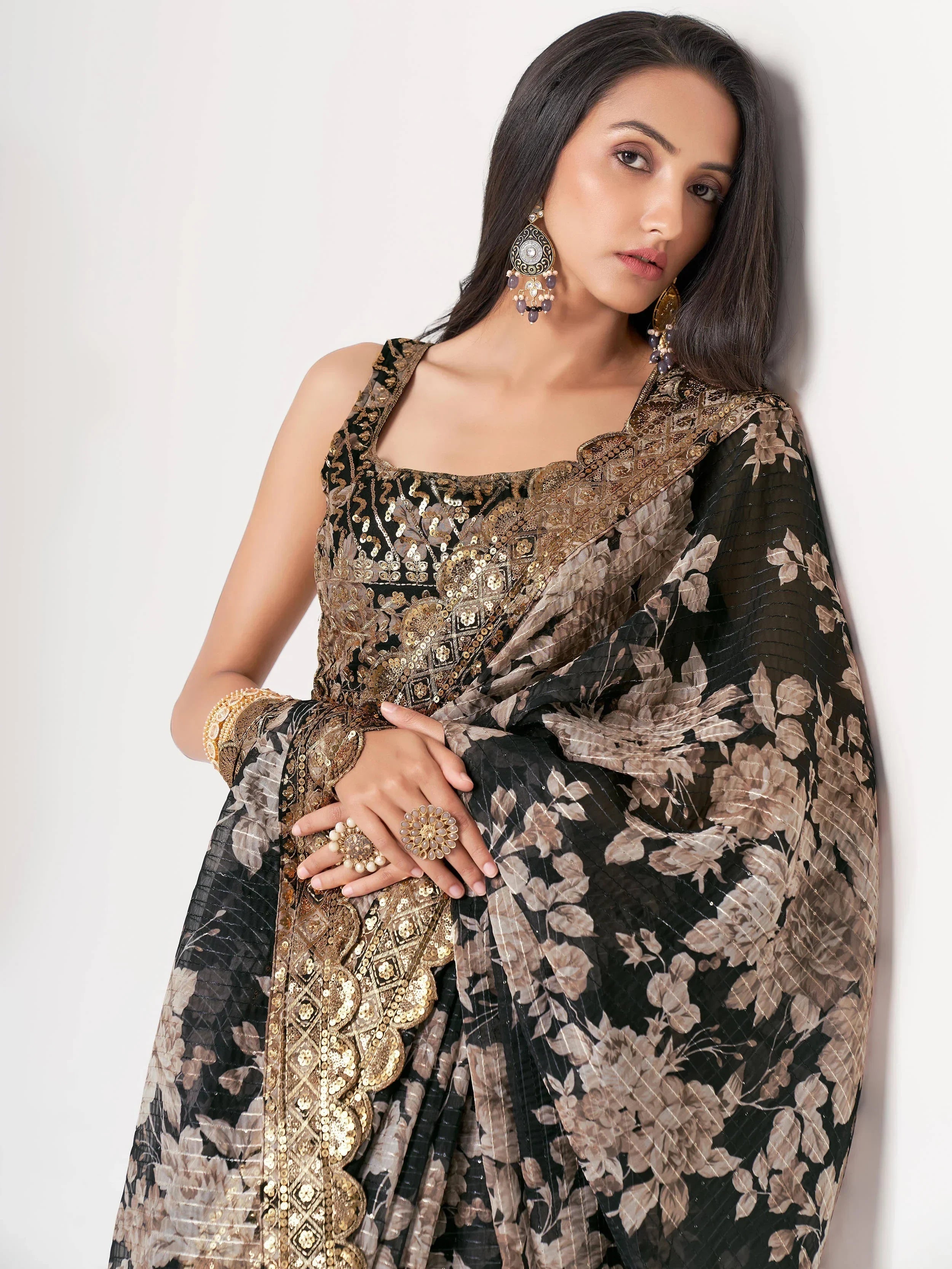 Captivating Black Floral Printed Organza Events Wear Saree