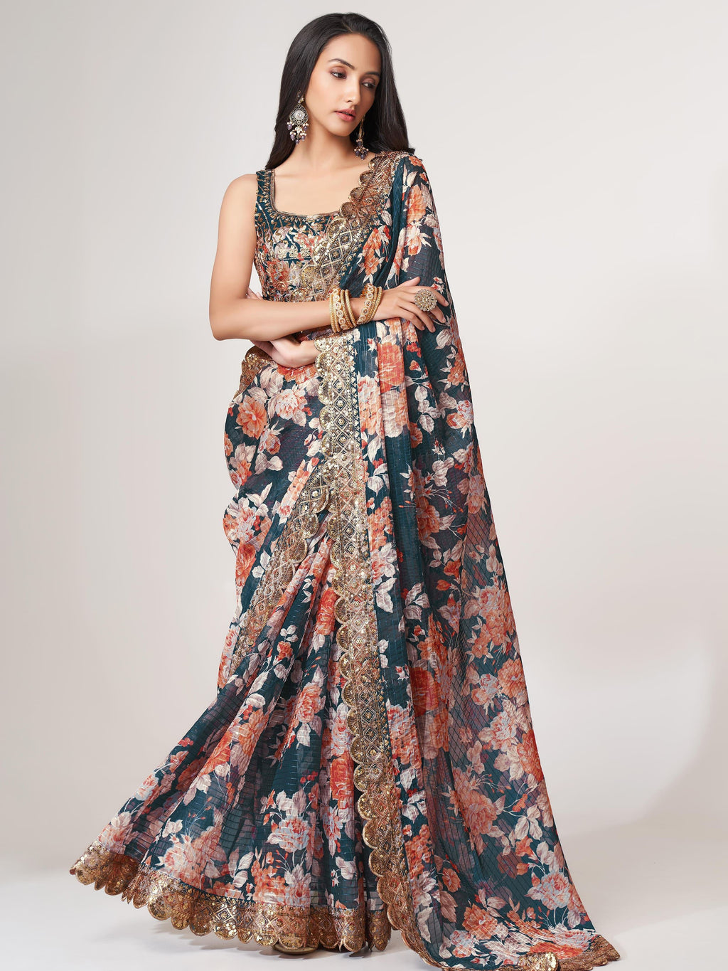 Fascinating Dove Blue Floral Printed Organza Events Wear Saree With Blouse