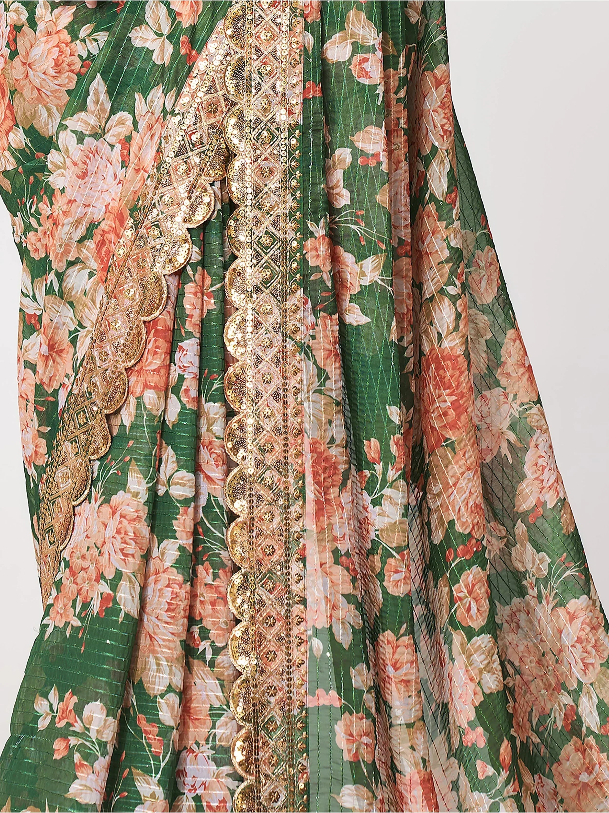 Mesmerizing Green Floral Printed Organza Festive Wear Saree