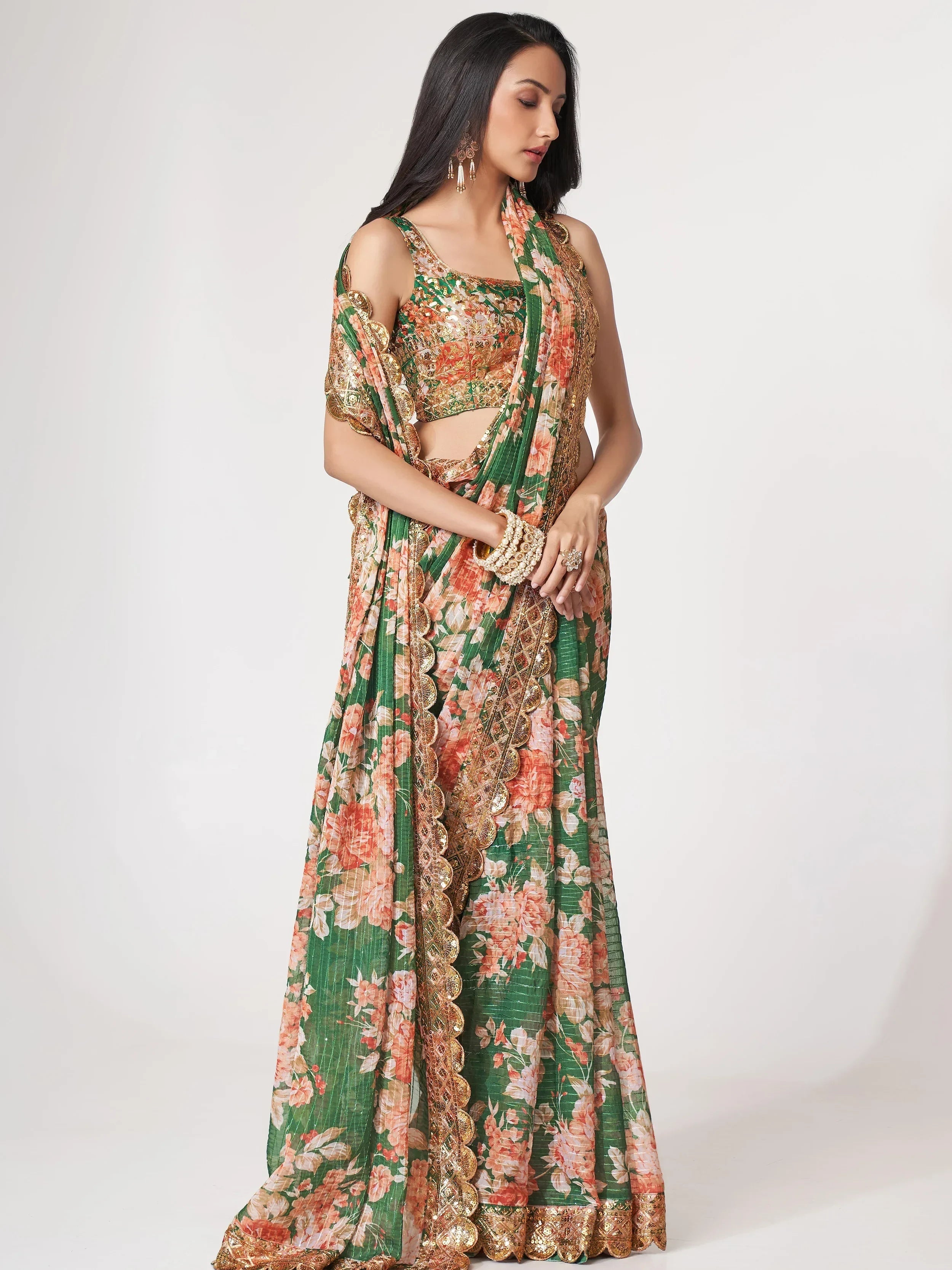 Mesmerizing Green Floral Printed Organza Festive Wear Saree