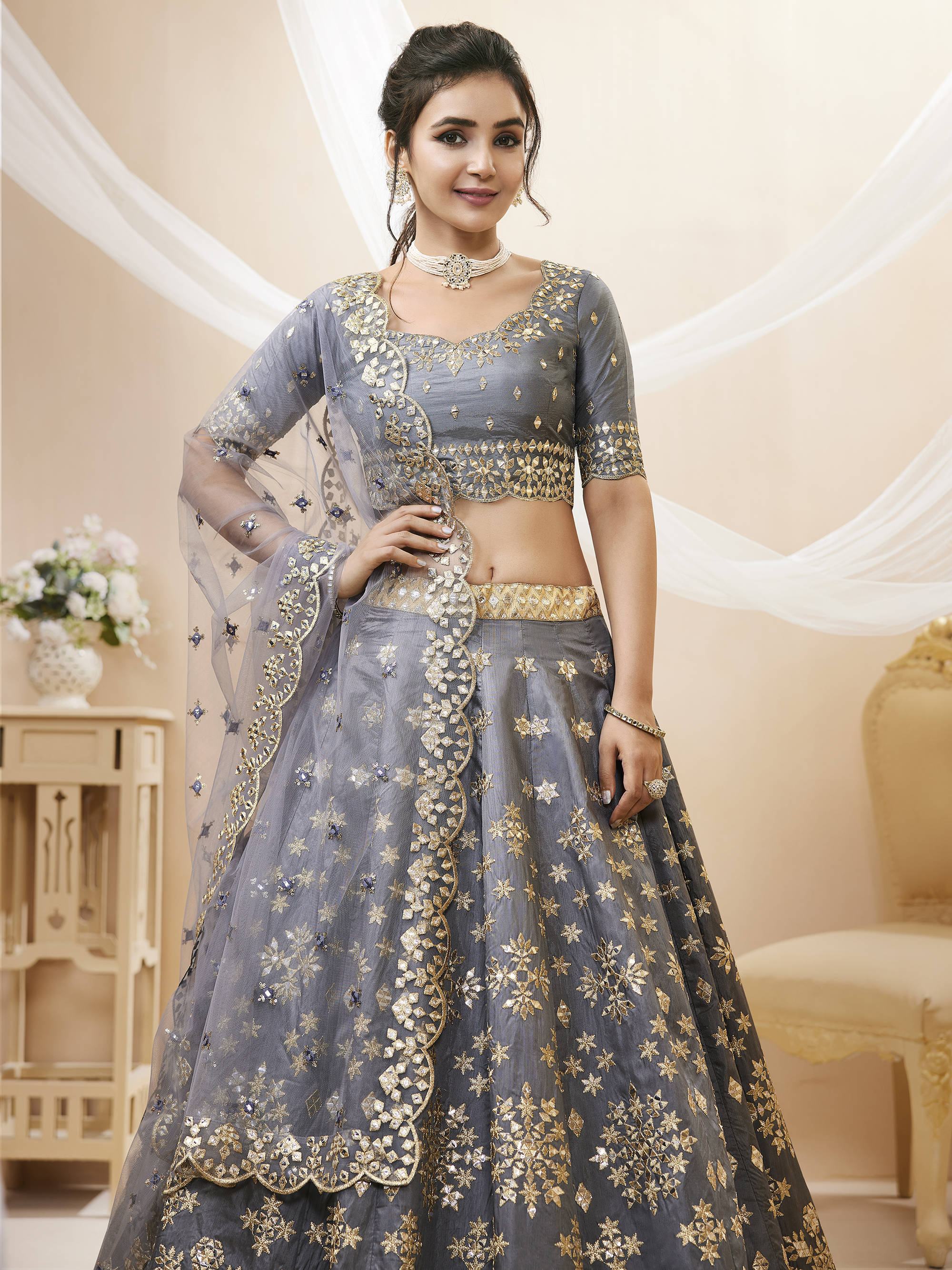 Charming Grey Embroidered Silk Function Wear Plus Size Lehenga Choli