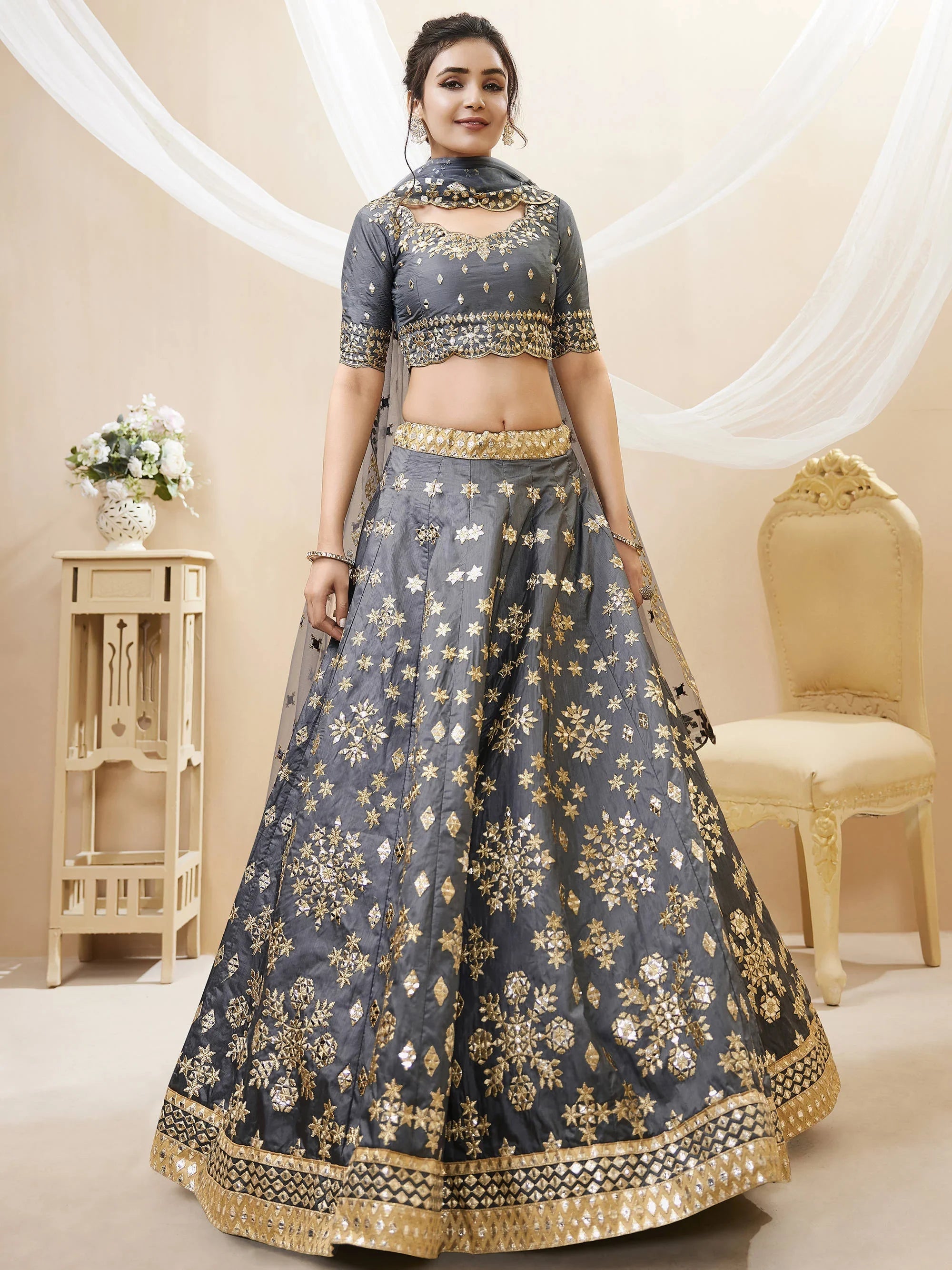 Charming Grey Embroidered Silk Function Wear Plus Size Lehenga Choli