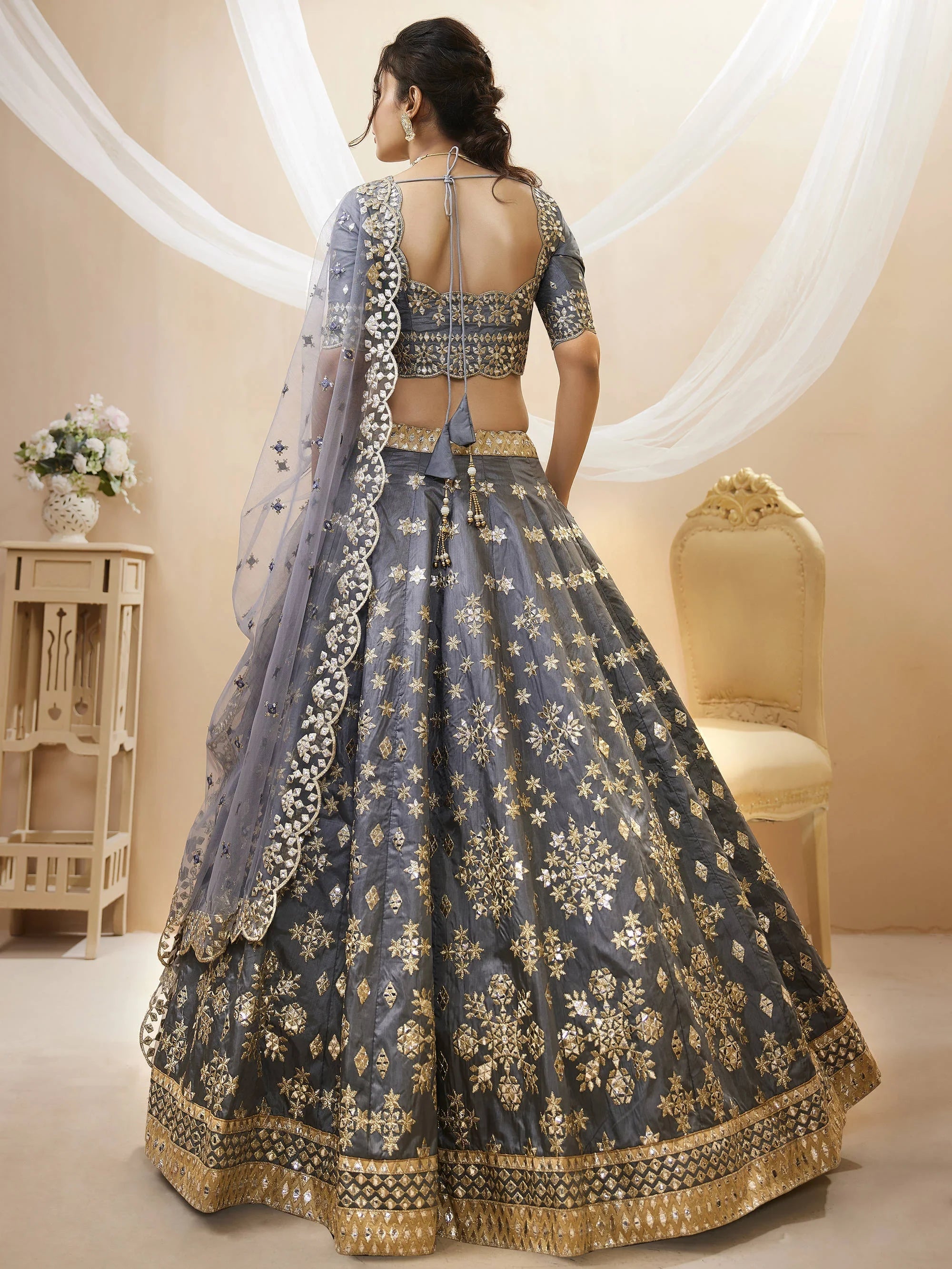 Charming Grey Embroidered Silk Function Wear Plus Size Lehenga Choli