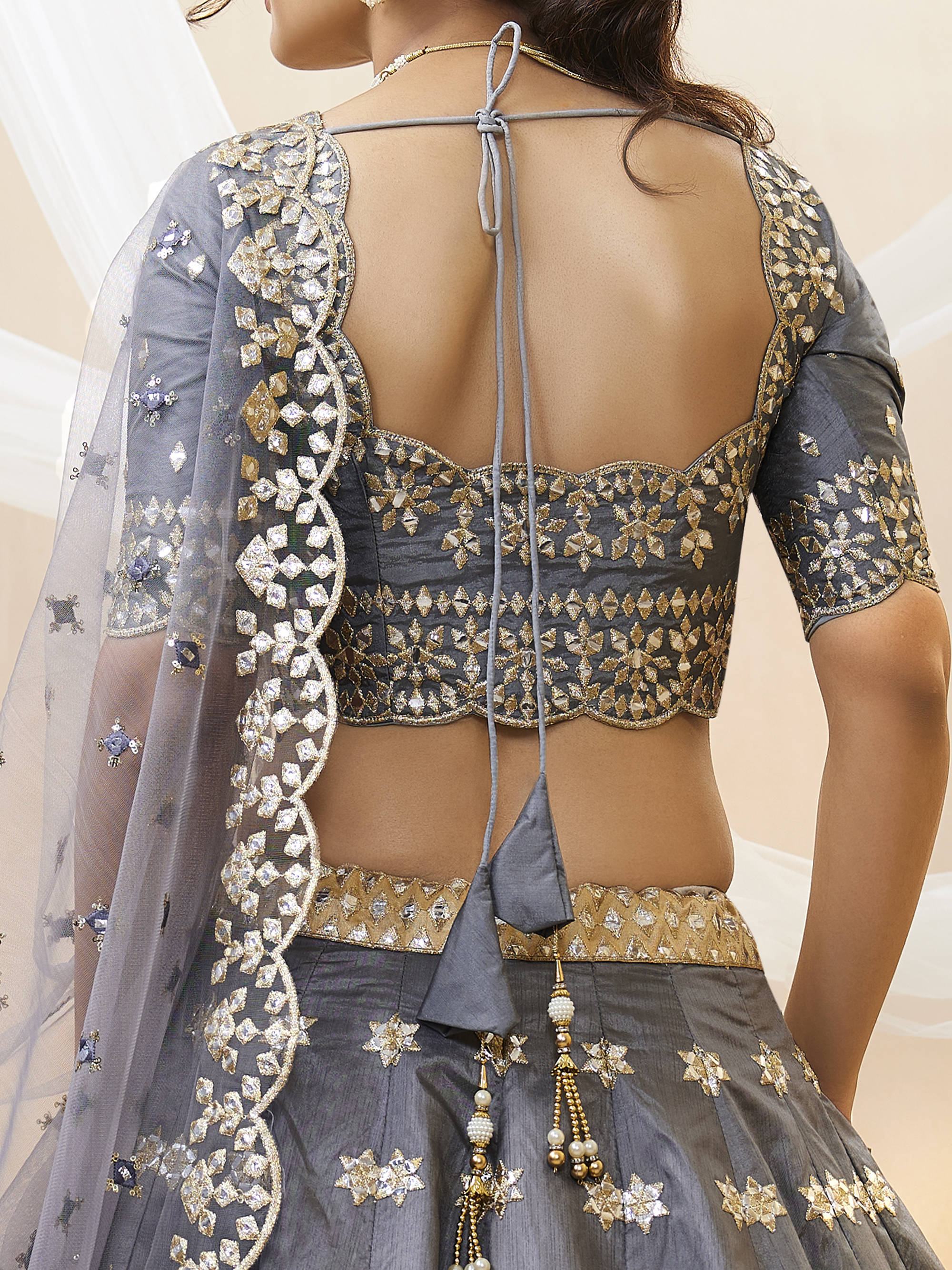 Charming Grey Embroidered Silk Function Wear Plus Size Lehenga Choli