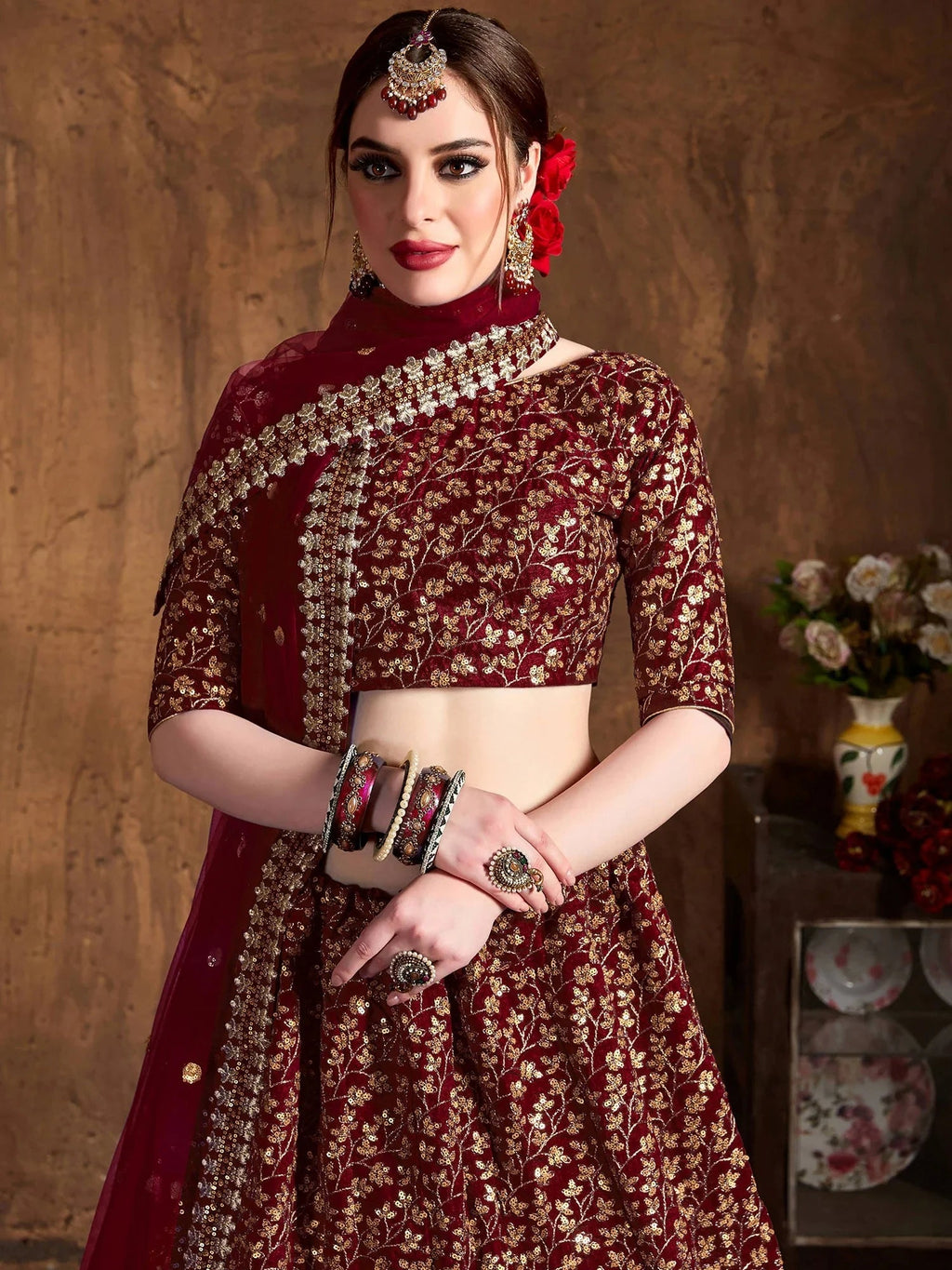 Gorgeous Maroon Sequins Silk Party Wear Plus Size Lehenga Choli