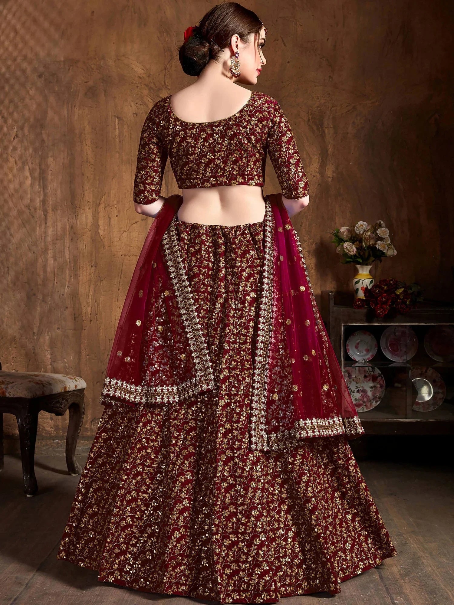 Gorgeous Maroon Sequins Silk Party Wear Plus Size Lehenga Choli