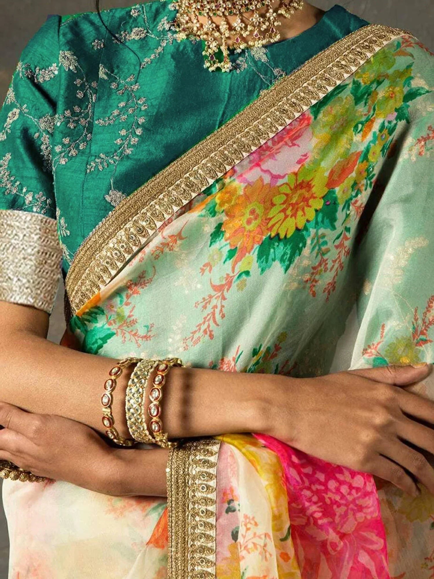 Off White Sabyasachi Off Floral Orangza Wedding Wear Saree With Blouse