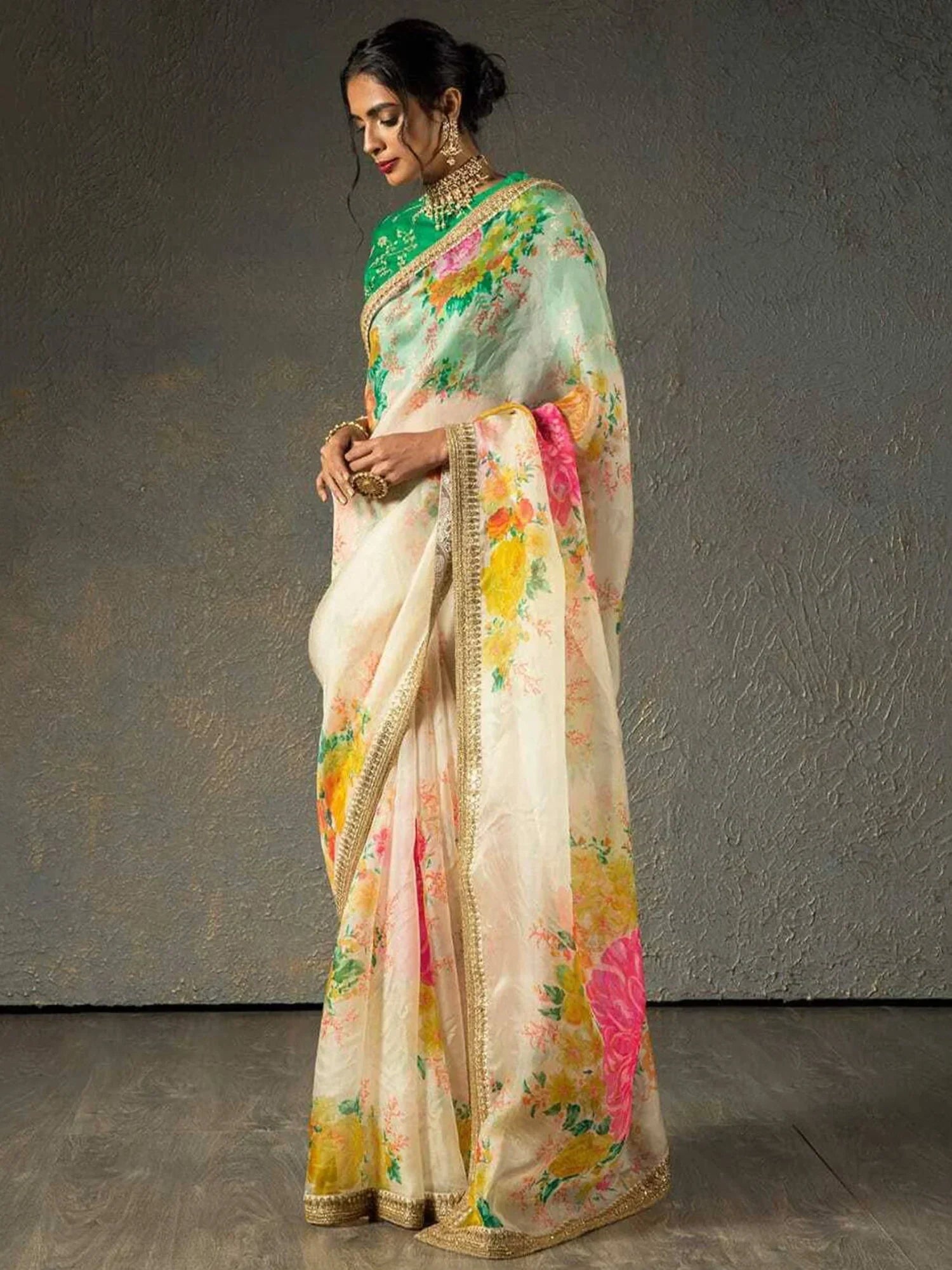 Off White Sabyasachi Off Floral Orangza Wedding Wear Saree With Blouse
