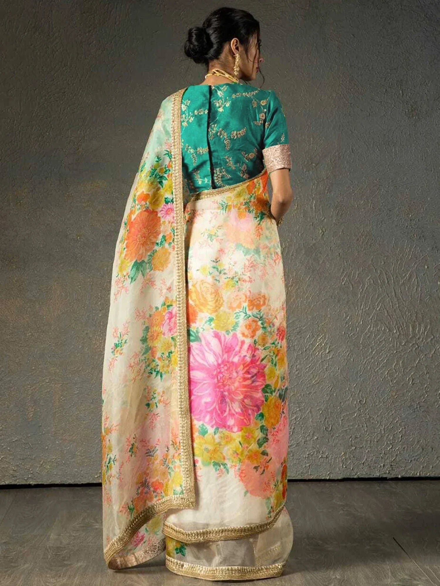 Off White Sabyasachi Off Floral Orangza Wedding Wear Saree With Blouse