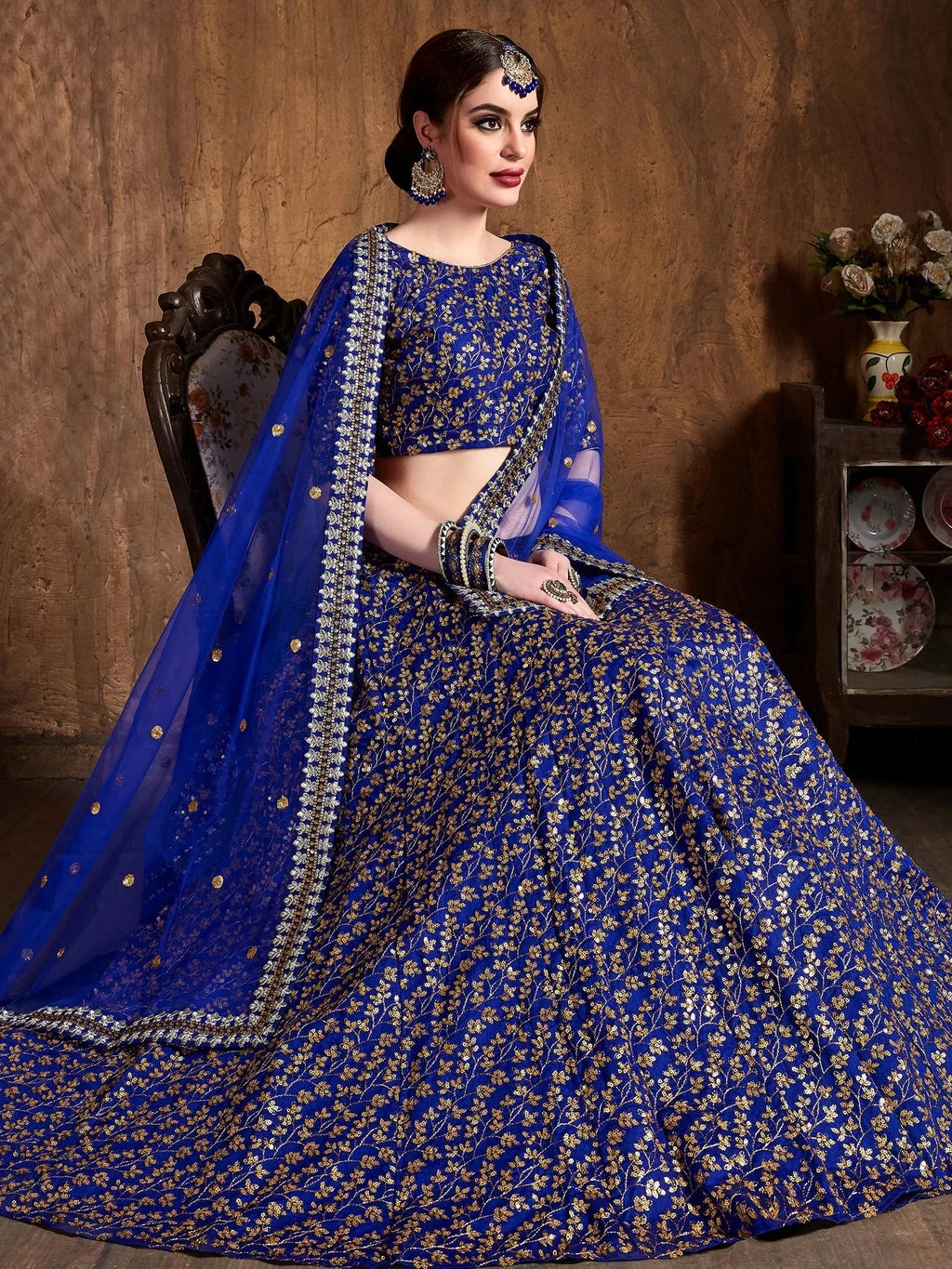 Graceful Blue Sequins Silk Reception Wear Plus Size Lehenga Choli