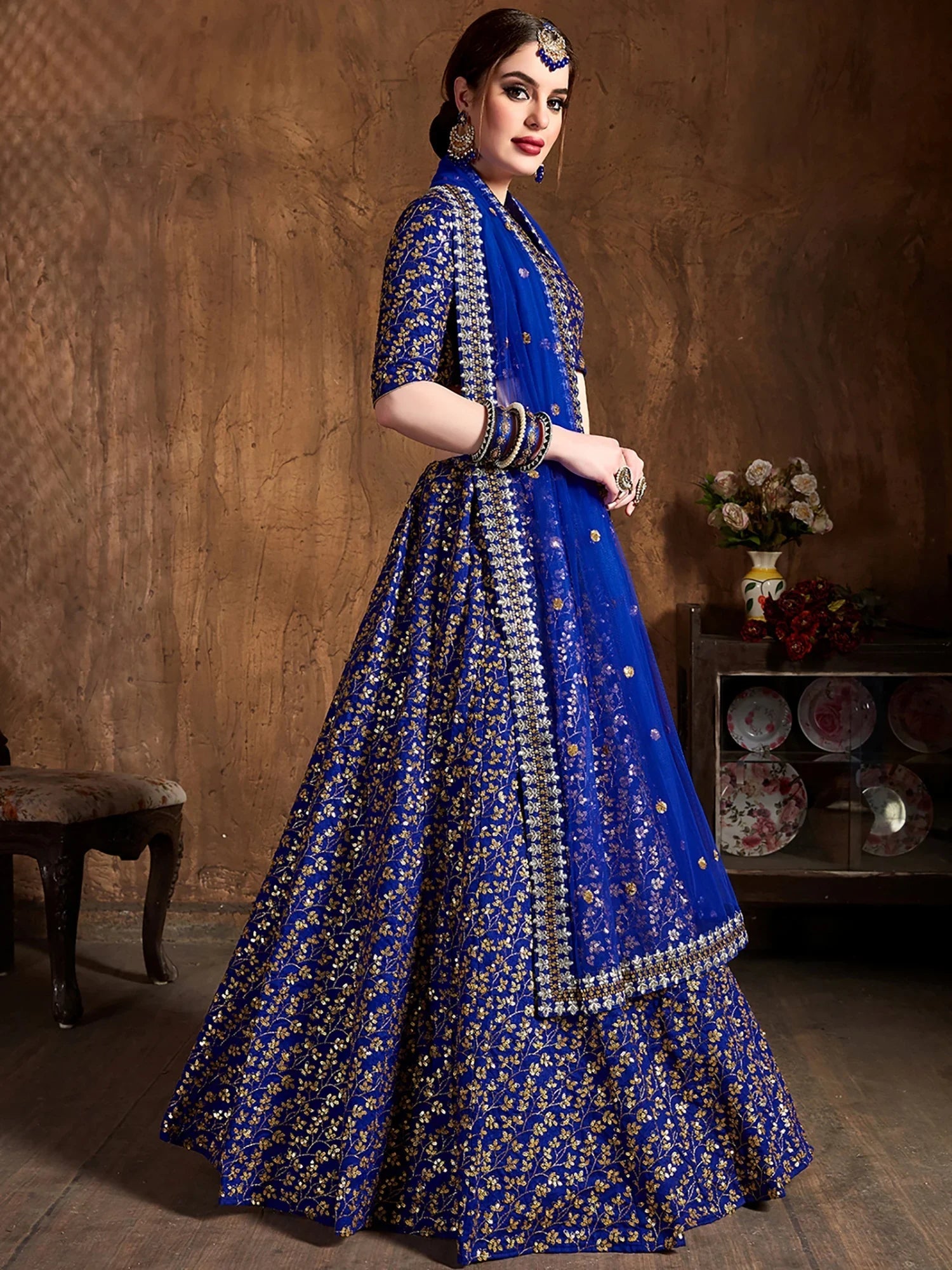 Graceful Blue Sequins Silk Reception Wear Plus Size Lehenga Choli