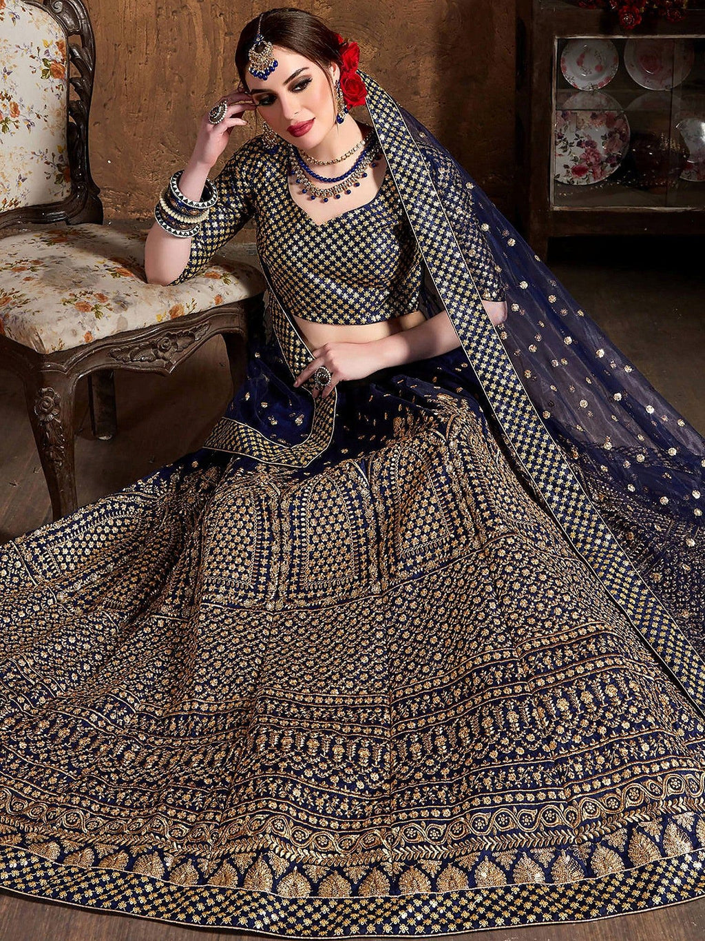 Blue Sequins Raw Silk Wedding Lehenga Choli With Dupatta