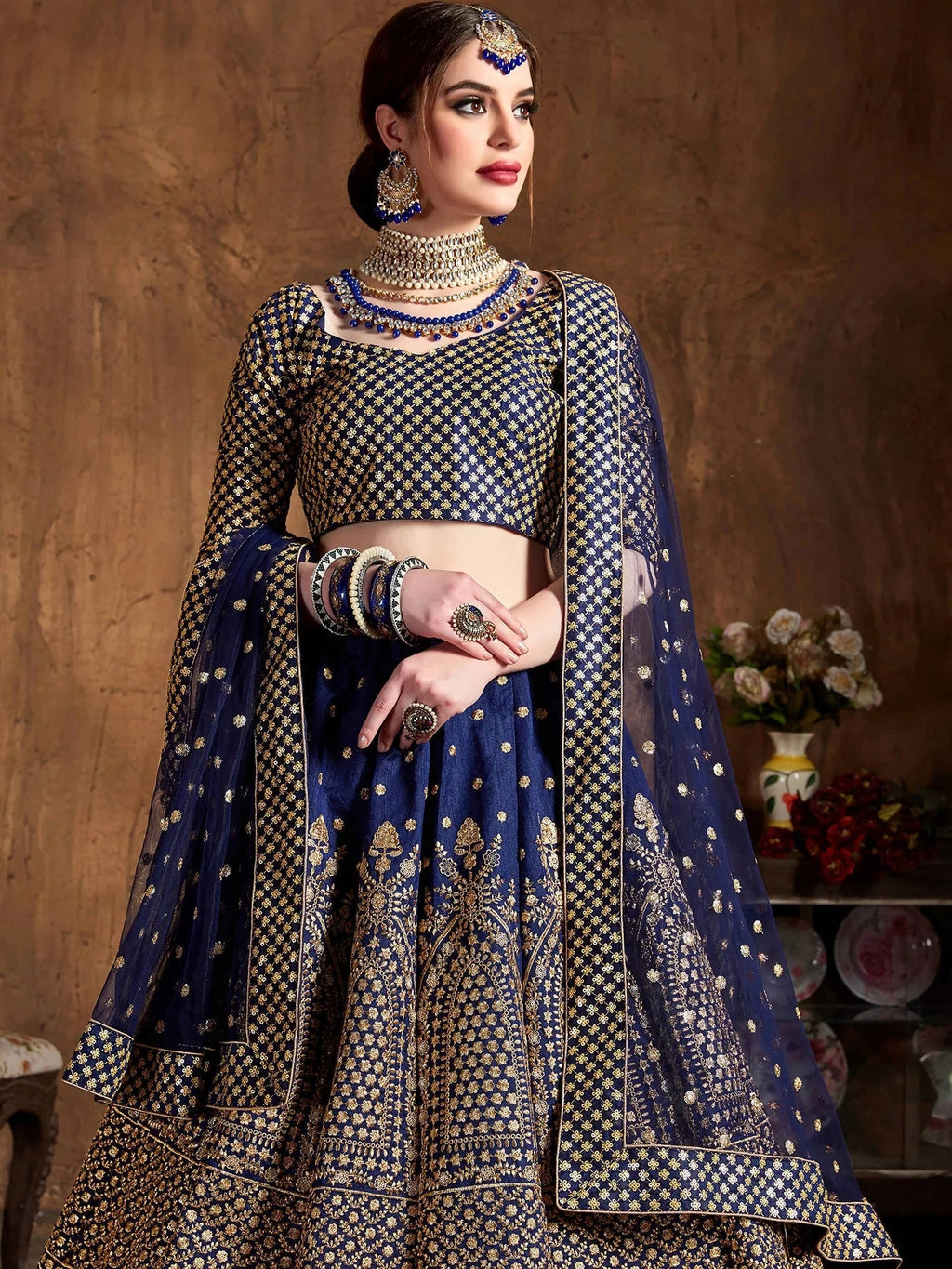 Blue Sequins Raw Silk Wedding Lehenga Choli With Dupatta