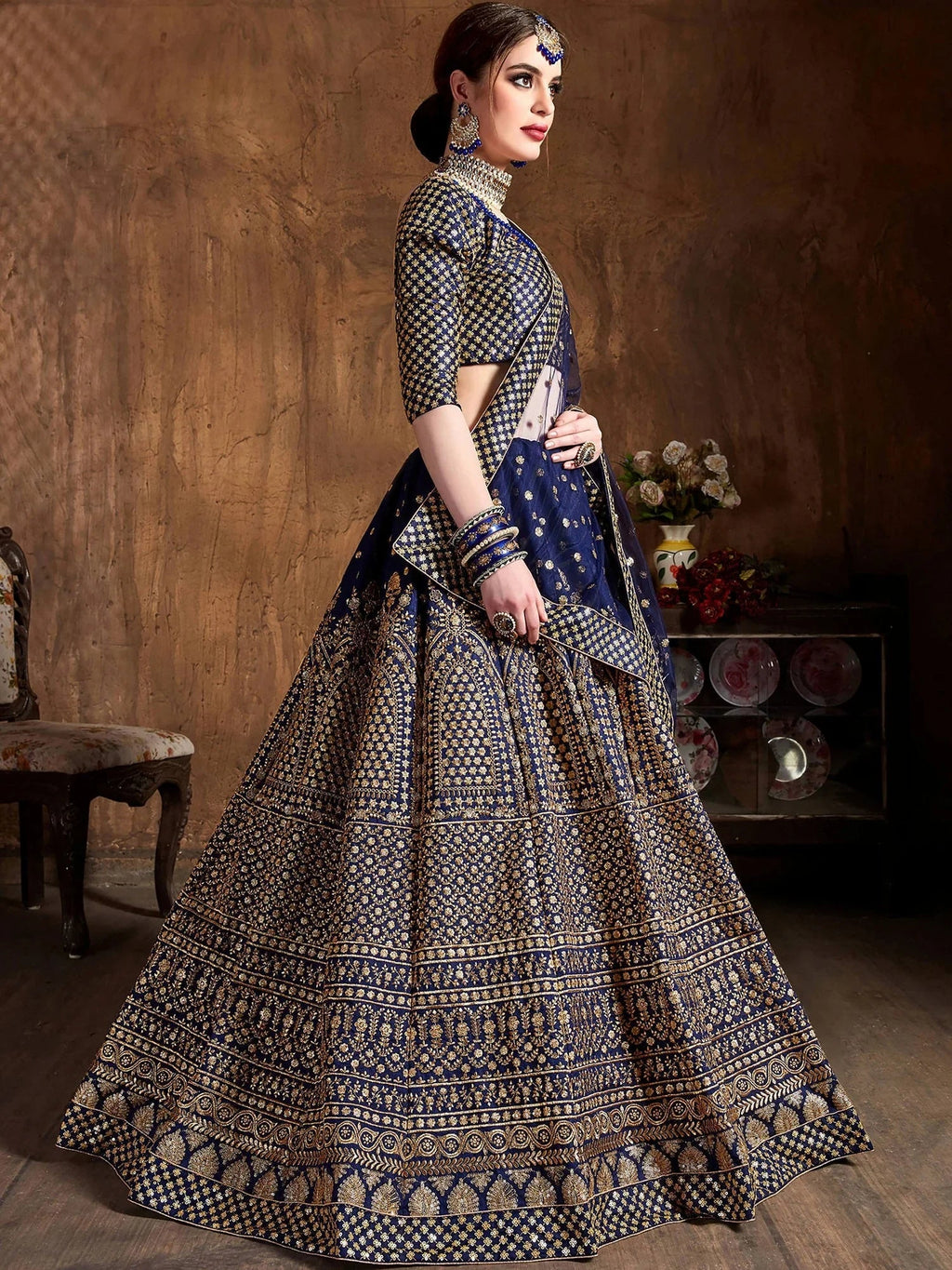 Blue Sequins Raw Silk Wedding Lehenga Choli With Dupatta