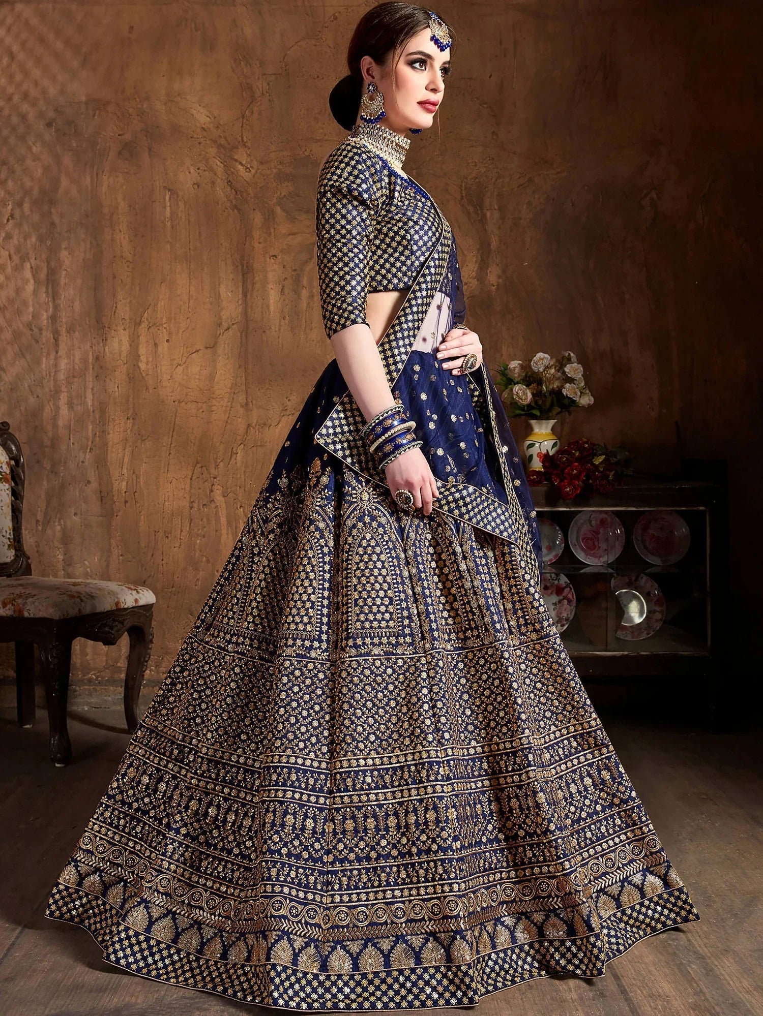 Blue Sequins Raw Silk Wedding Lehenga Choli With Dupatta