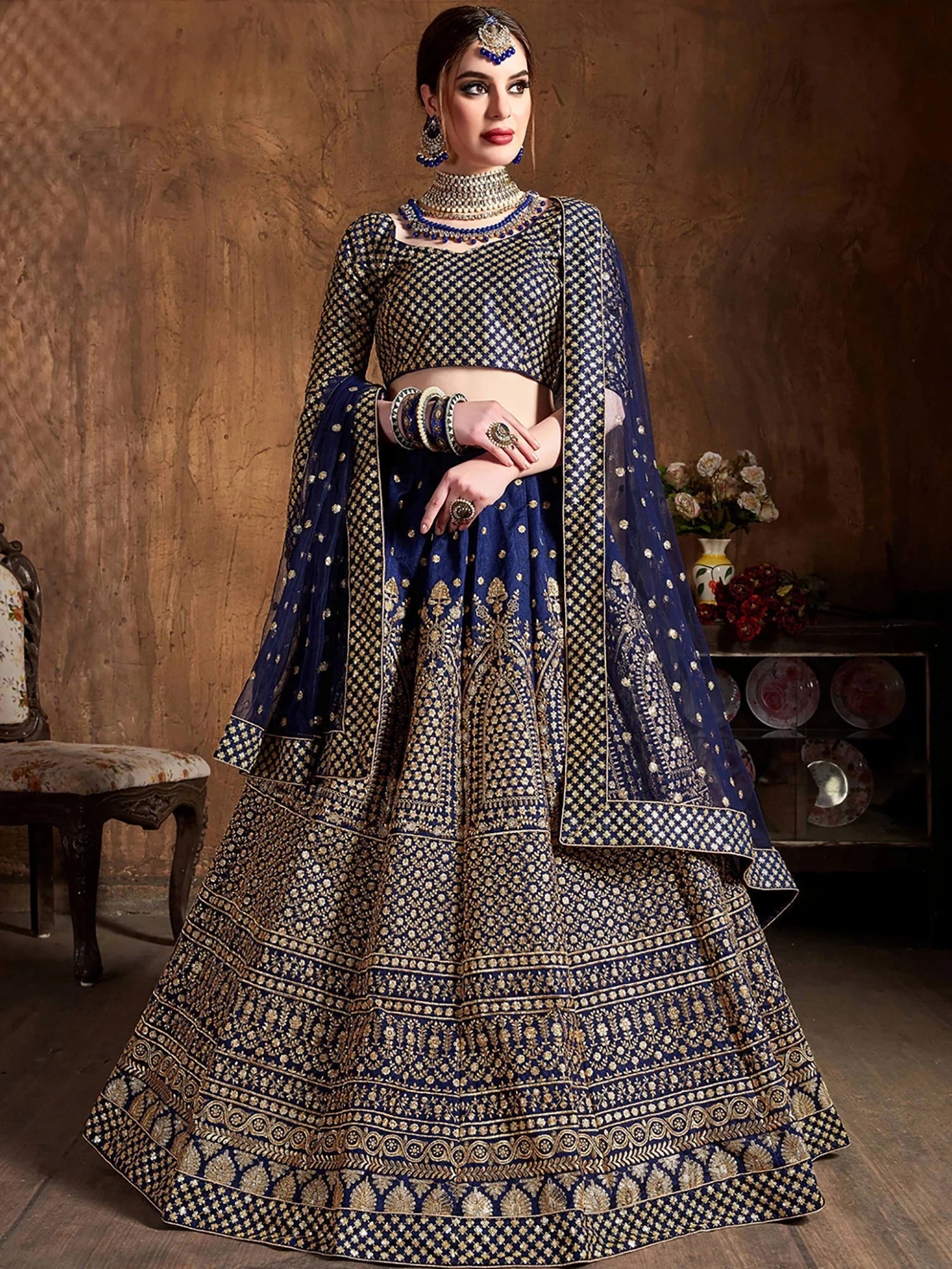 Blue Sequins Raw Silk Wedding Lehenga Choli With Dupatta