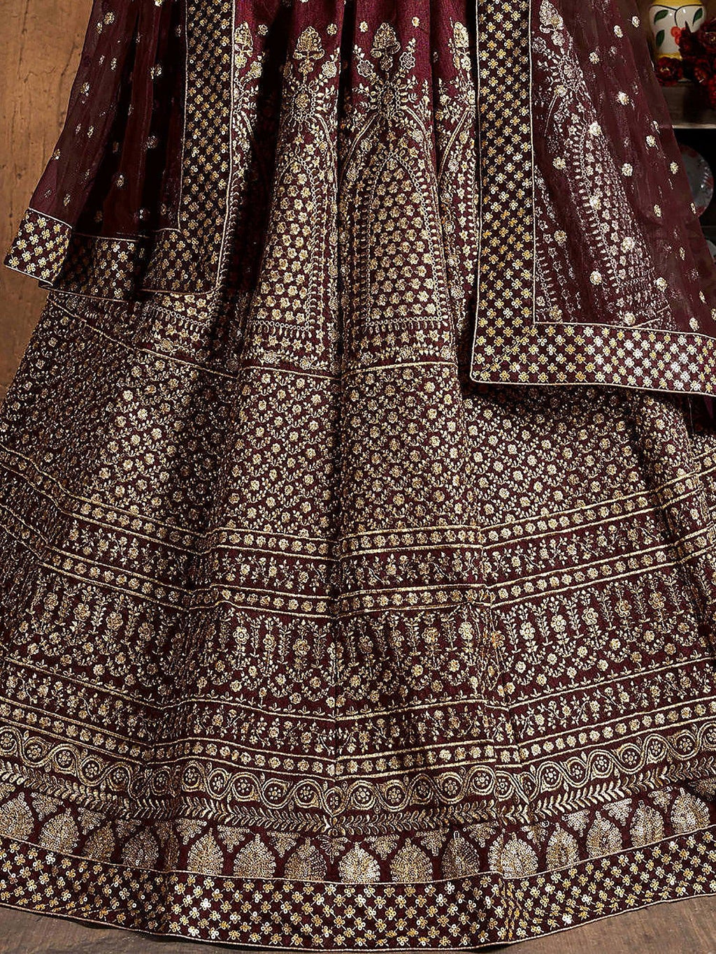 Glowing Maroon Zari Work Silk Function Wear Plus Size Lehenga Choli