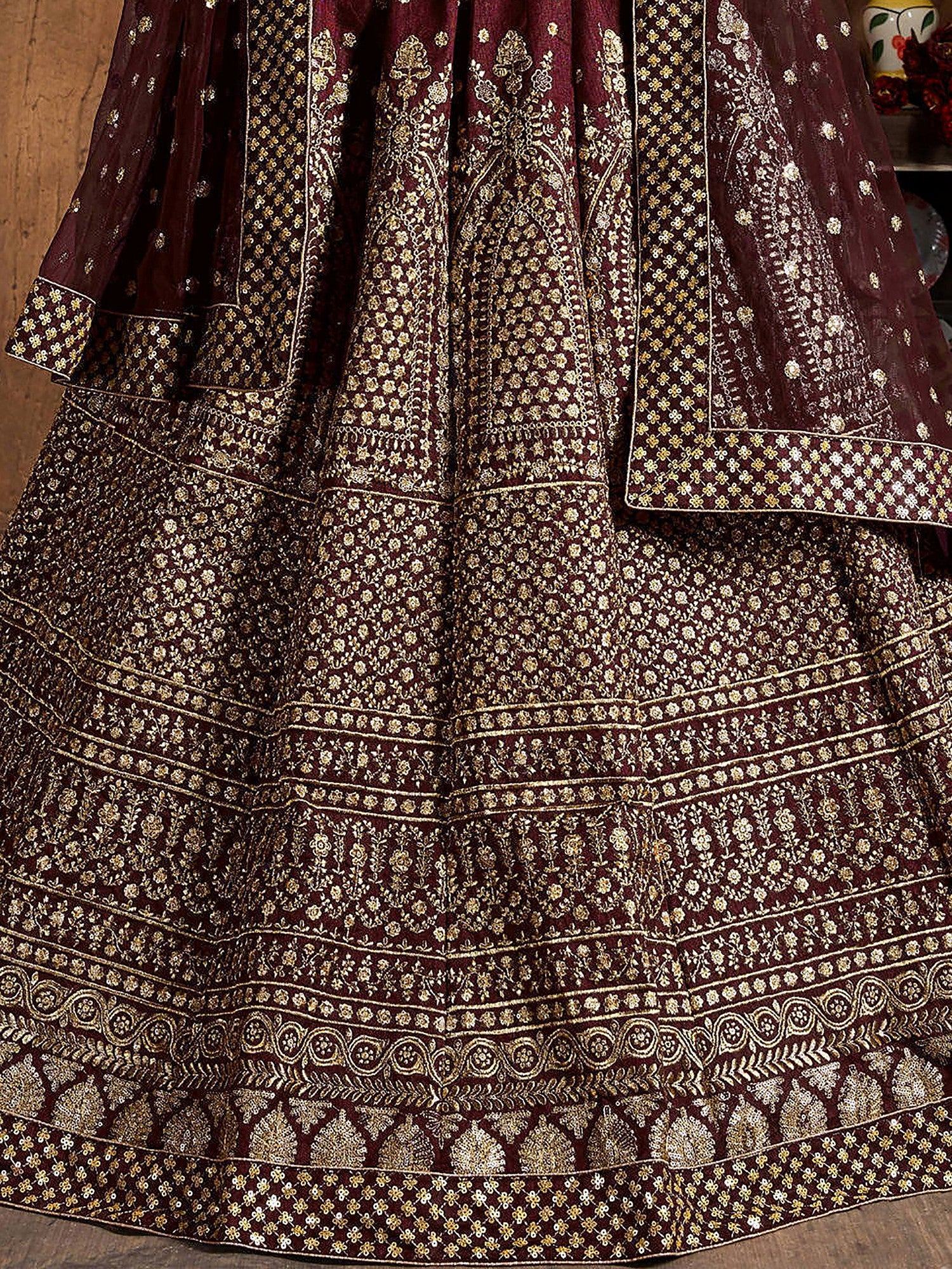 Glowing Maroon Zari Work Silk Function Wear Plus Size Lehenga Choli