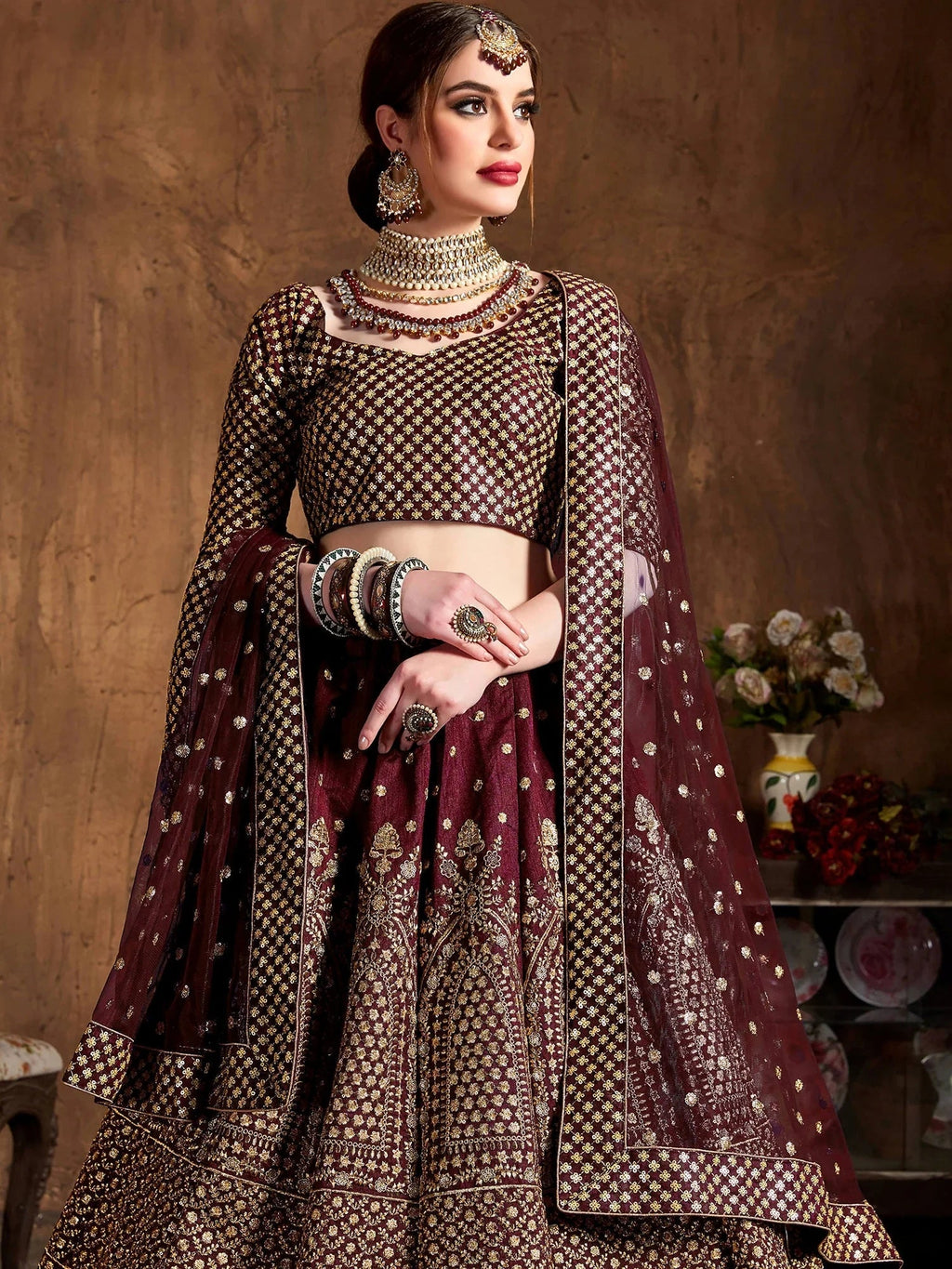 Glowing Maroon Zari Work Silk Function Wear Plus Size Lehenga Choli