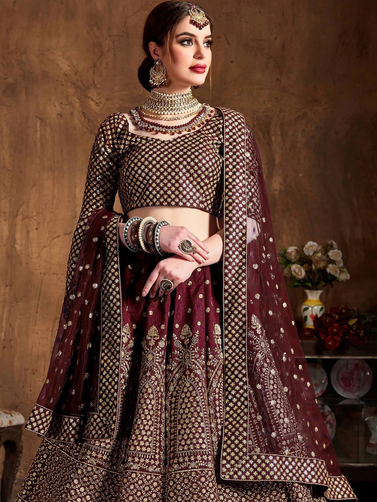 Glowing Maroon Zari Work Silk Function Wear Plus Size Lehenga Choli