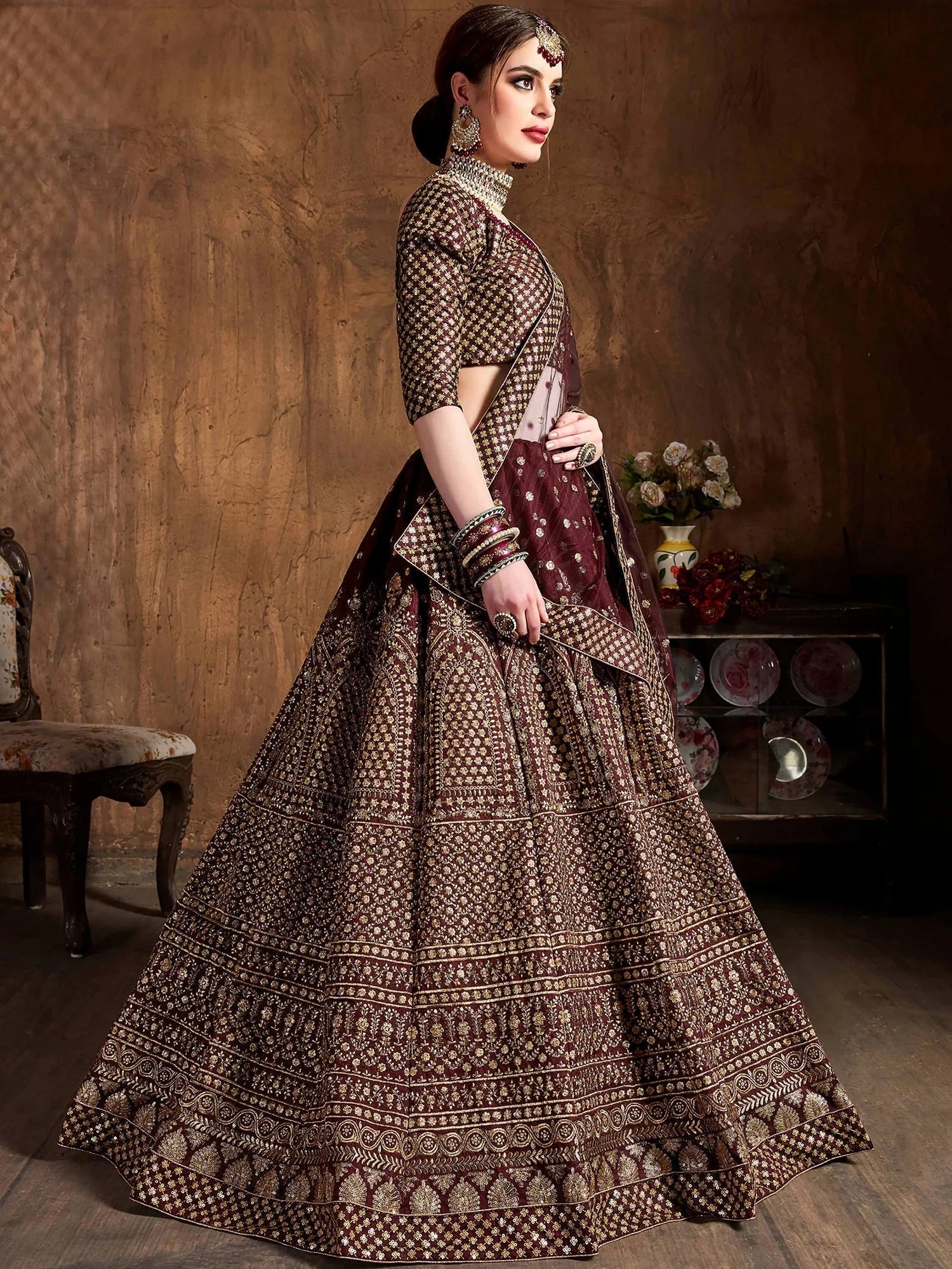 Glowing Maroon Zari Work Silk Function Wear Plus Size Lehenga Choli
