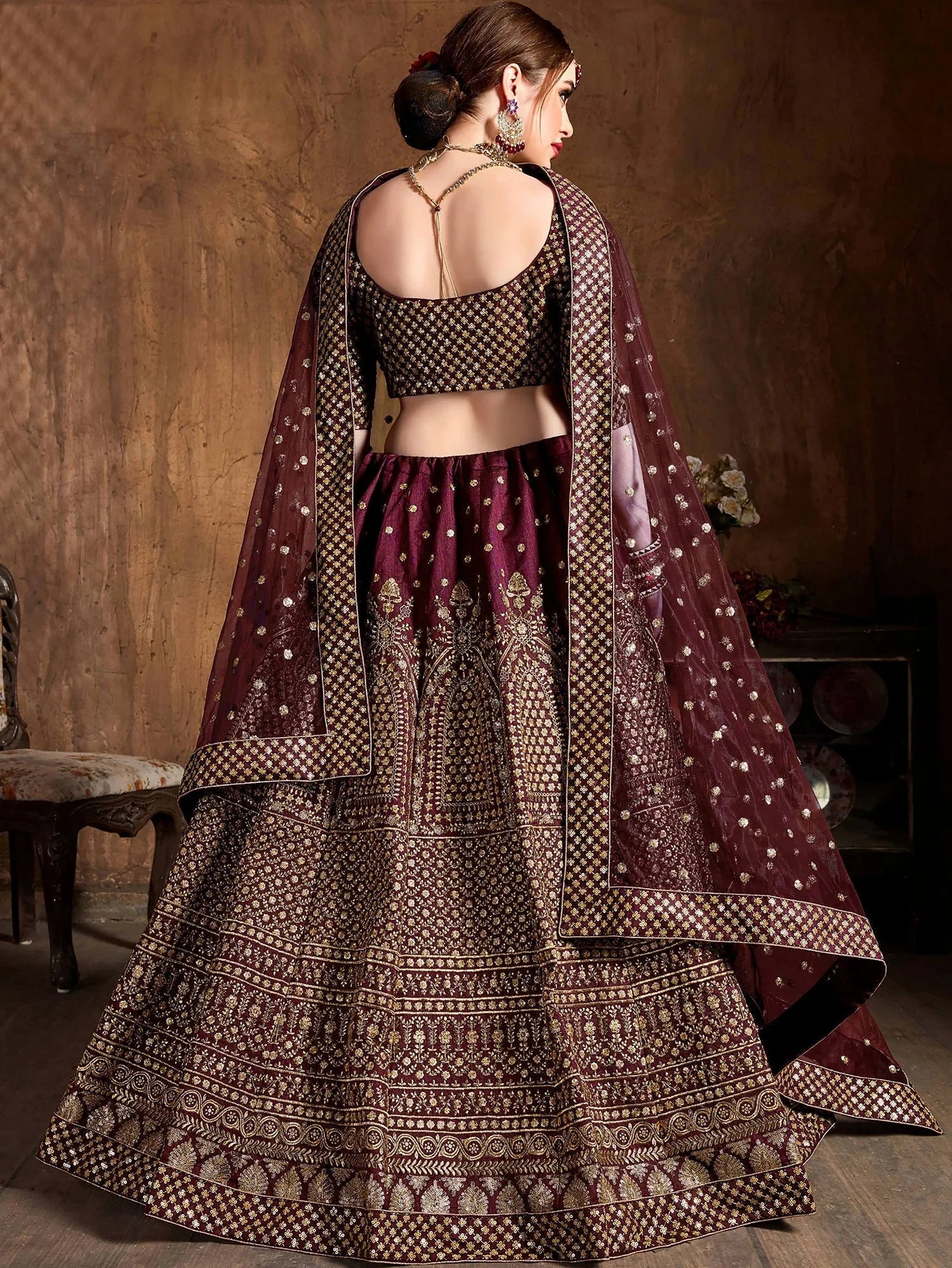 Glowing Maroon Zari Work Silk Function Wear Plus Size Lehenga Choli