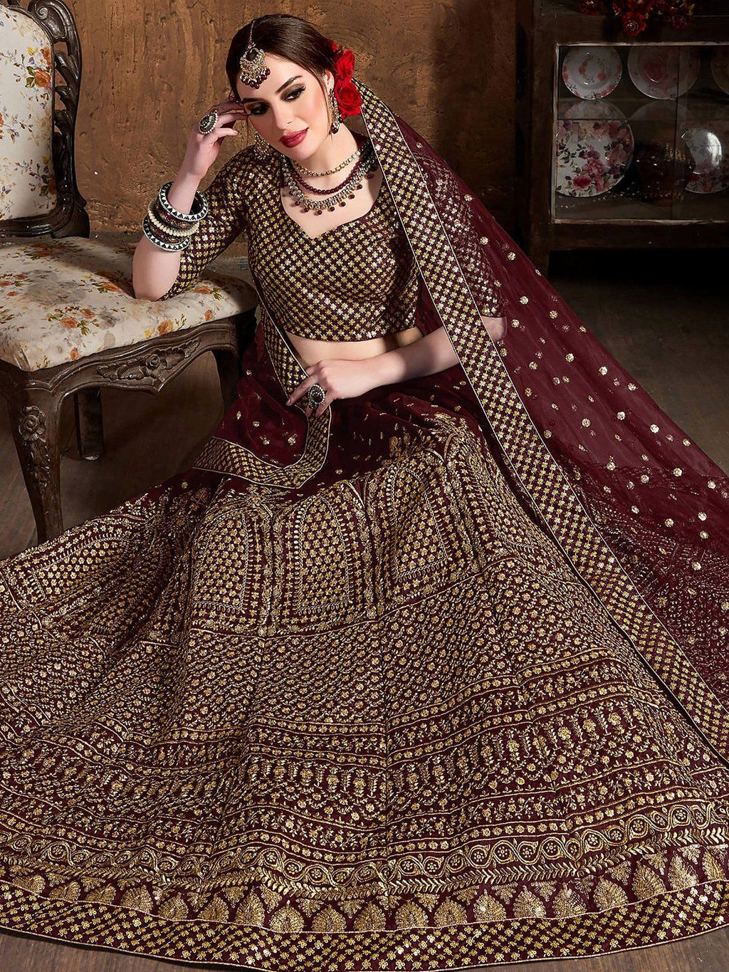Glowing Maroon Zari Work Silk Function Wear Plus Size Lehenga Choli