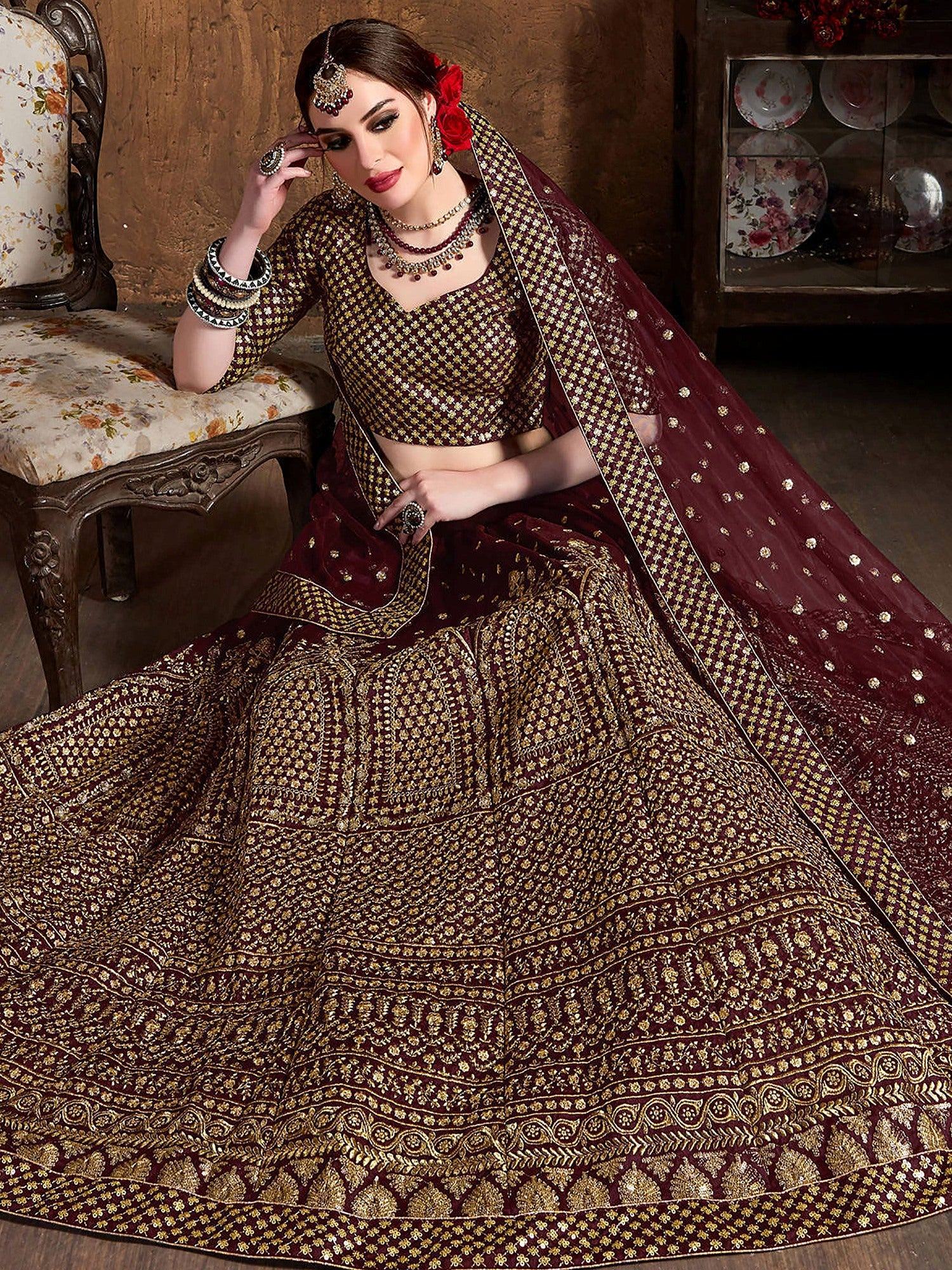 Glowing Maroon Zari Work Silk Function Wear Plus Size Lehenga Choli