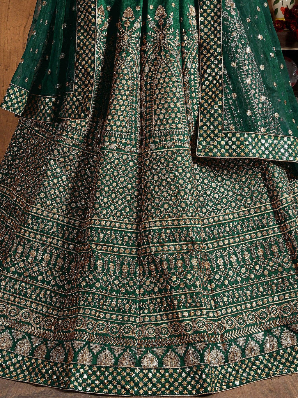 Green Bottle Sequins Raw Silk Wedding Lehenga Choli With Dupatta
