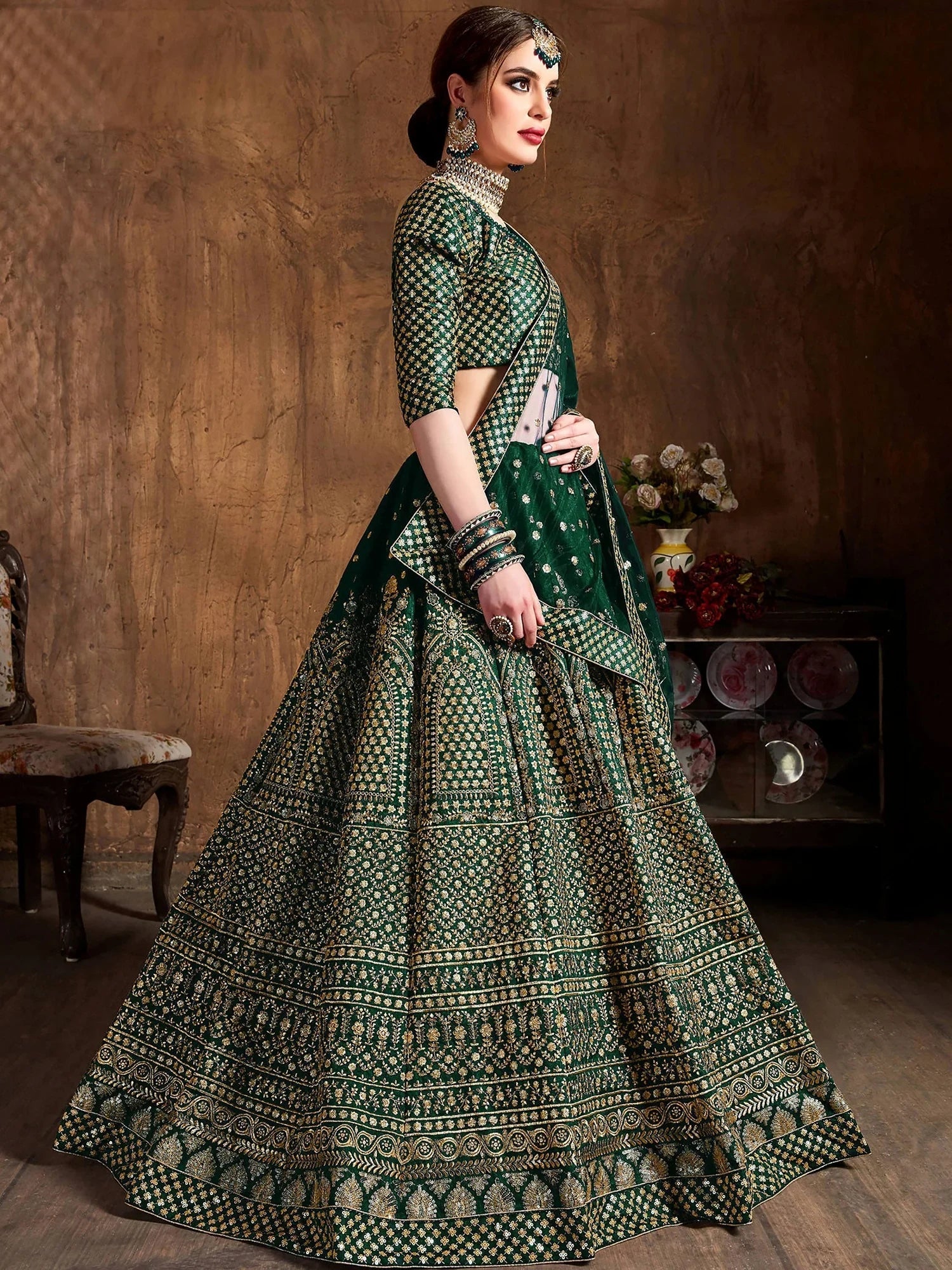 Green Bottle Sequins Raw Silk Wedding Lehenga Choli With Dupatta