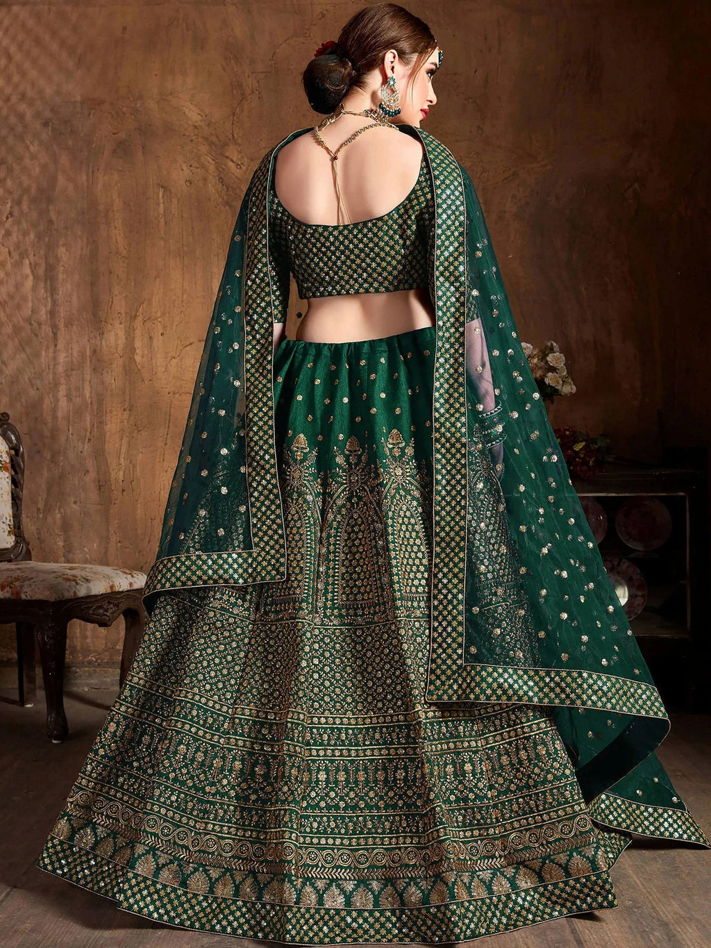 Green Bottle Sequins Raw Silk Wedding Lehenga Choli With Dupatta