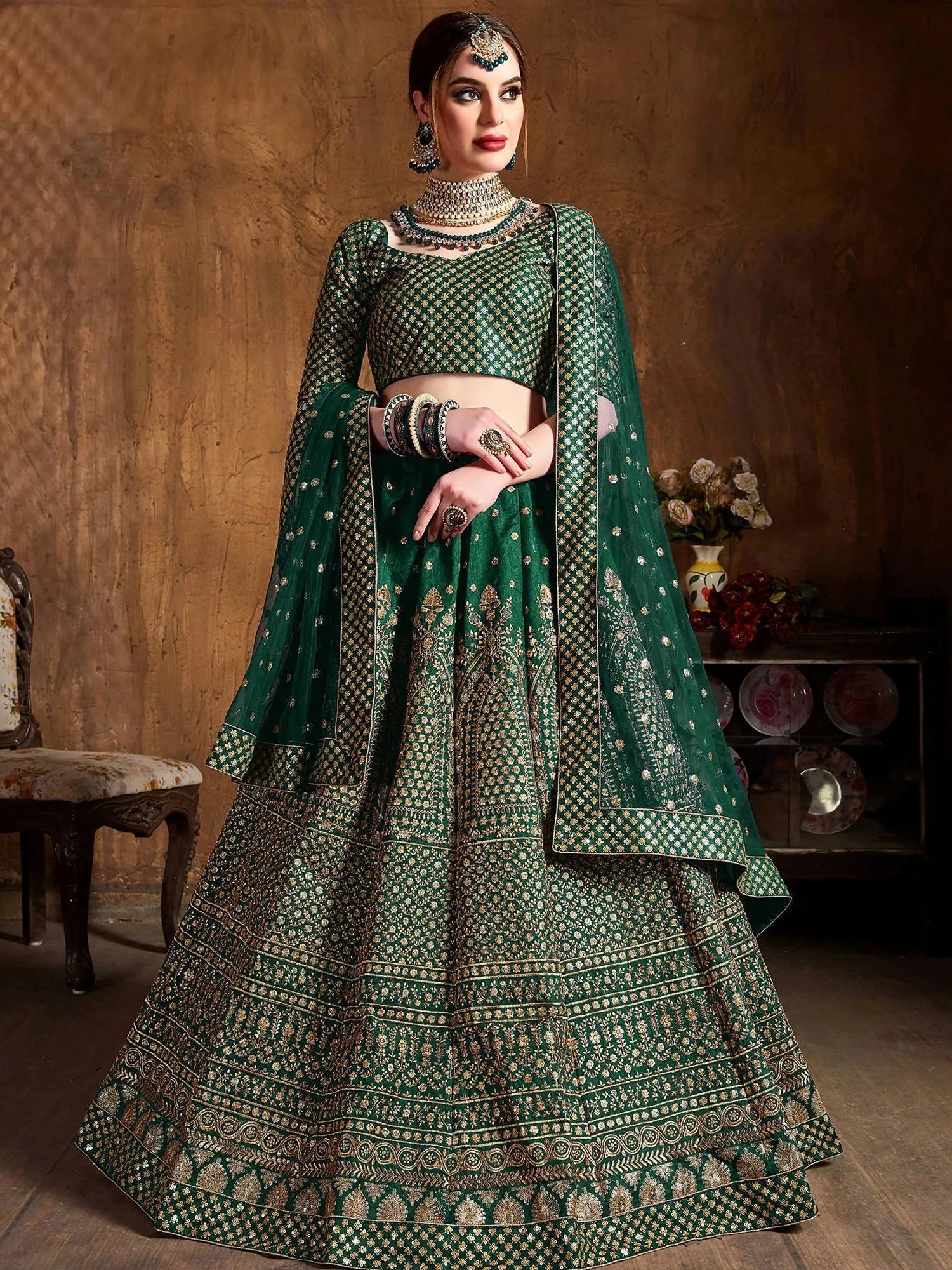 Green Bottle Sequins Raw Silk Wedding Lehenga Choli With Dupatta