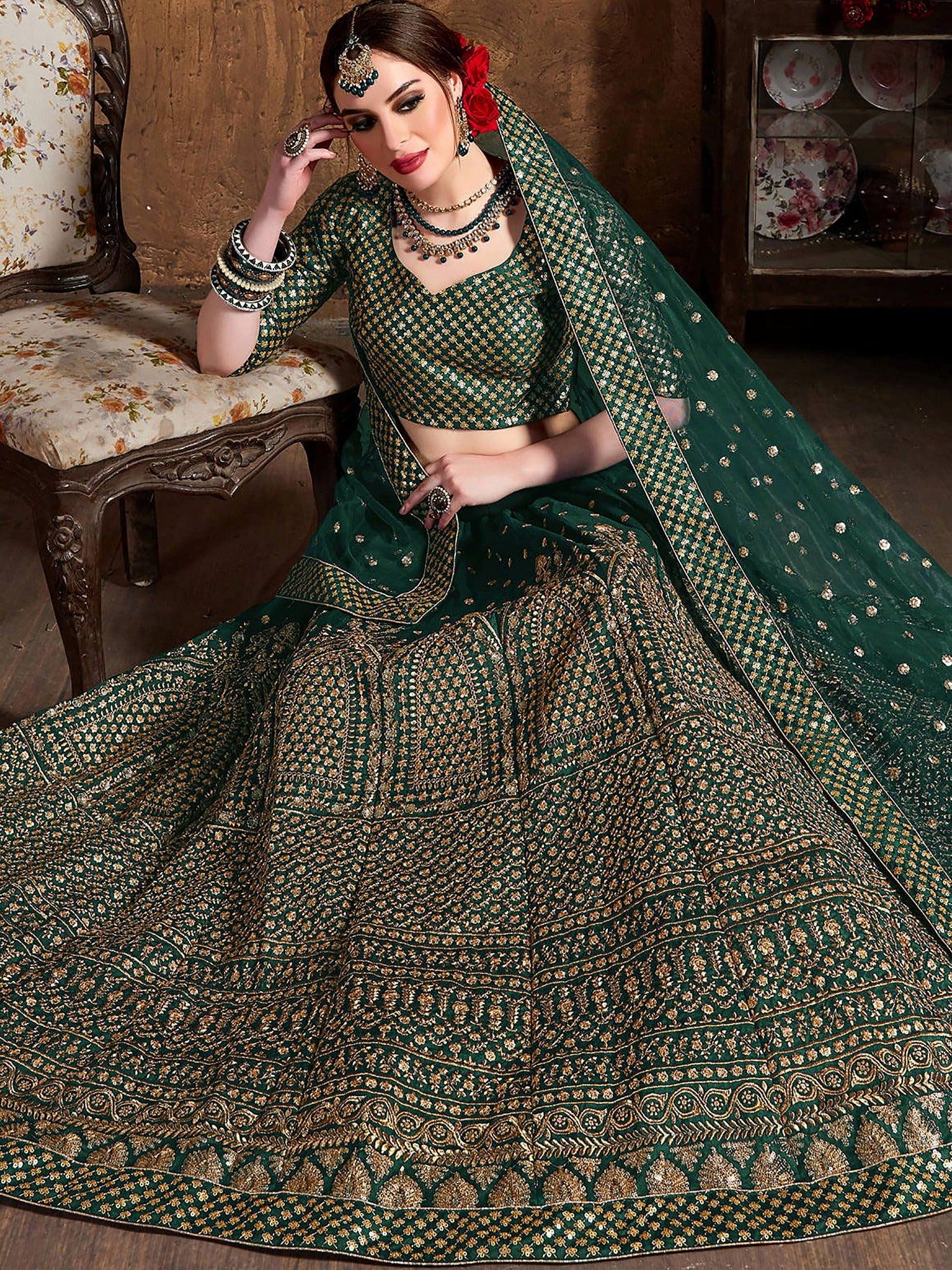 Green Bottle Sequins Raw Silk Wedding Lehenga Choli With Dupatta